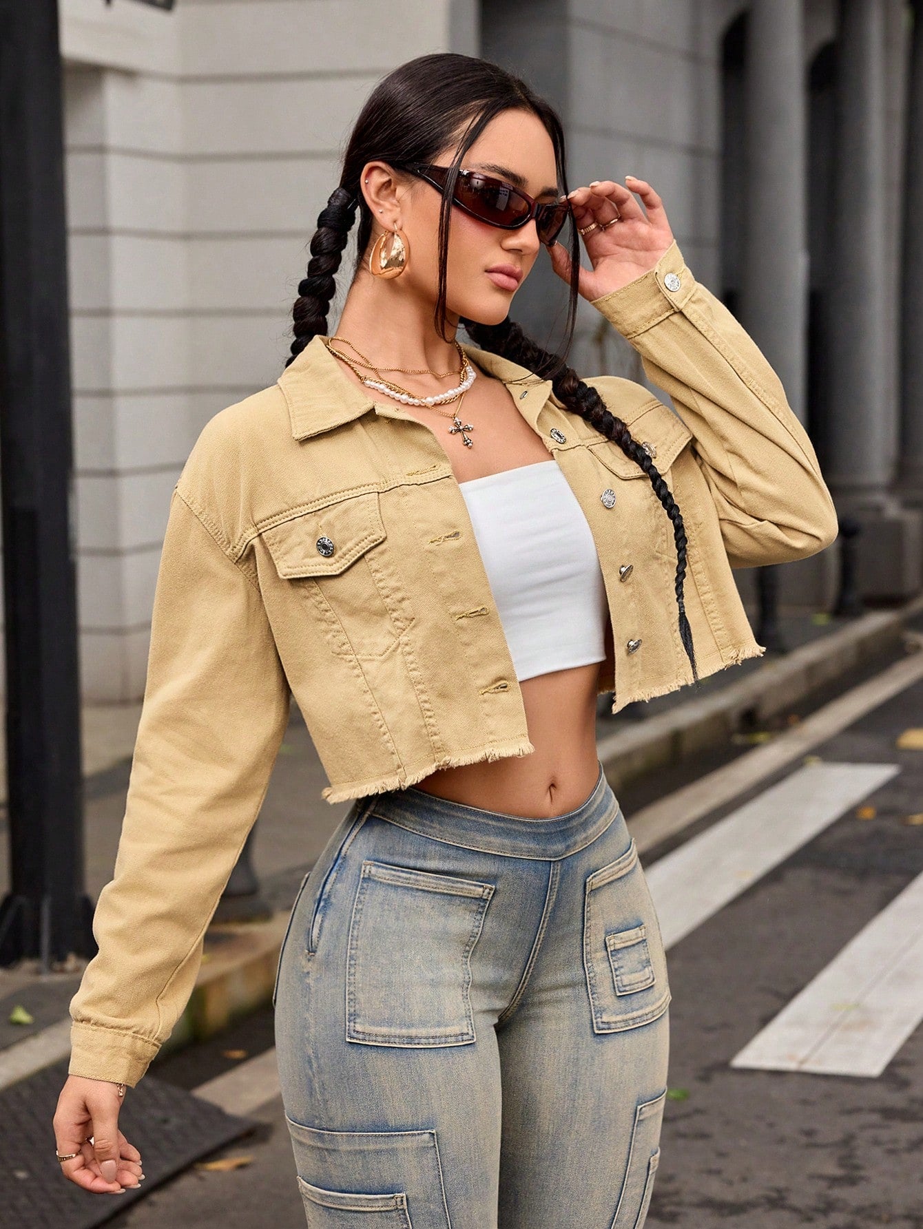 Flap Detail Raw Hem Crop Denim Jacket