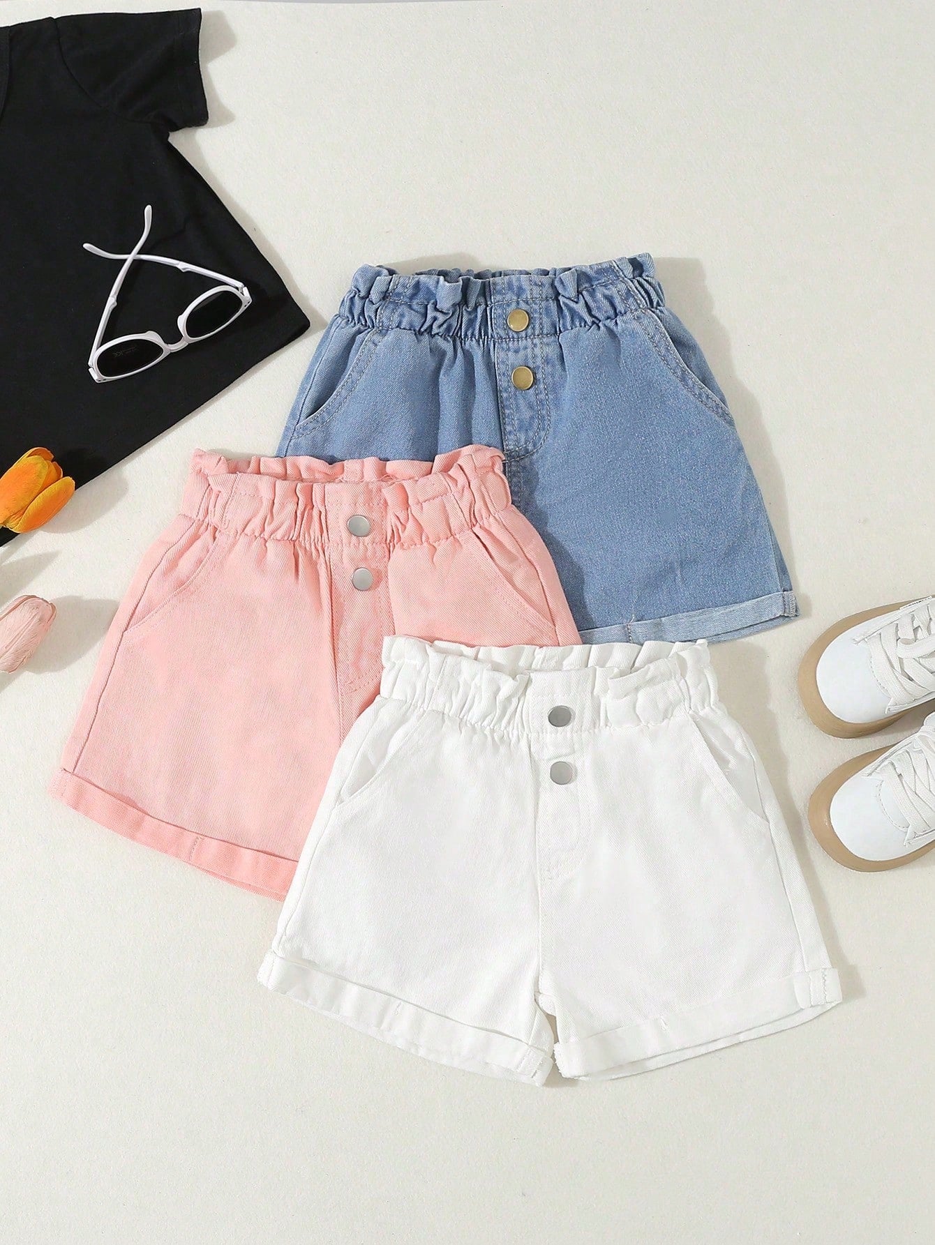 Young Girl Casual & Comfortable Denim Shorts With Elastic Waistband And Floral Decoration, Multicolor