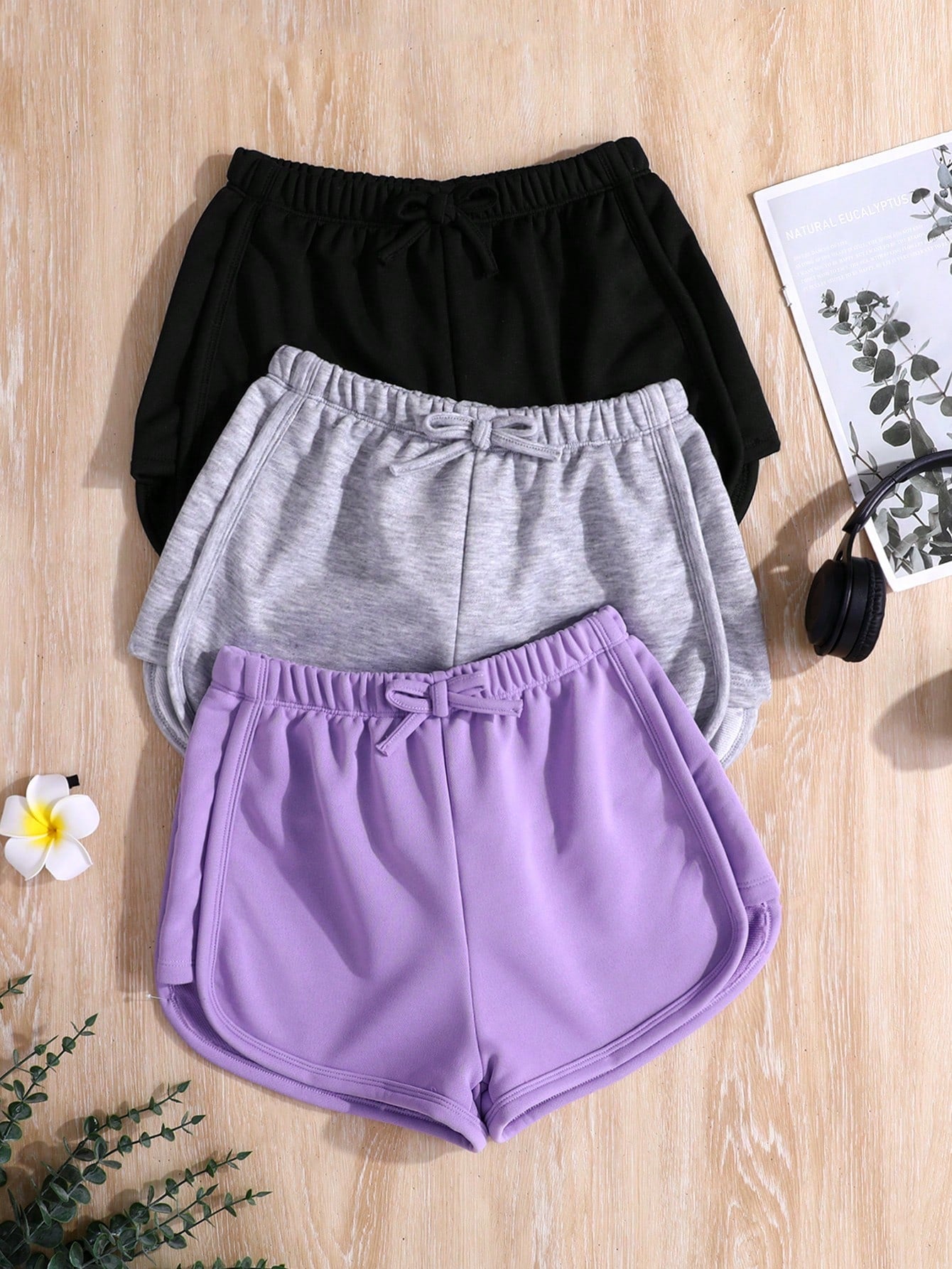 Tween Girl Knit Solid Color Bowknot Decor Casual Shorts 3pcs/Set For Summer