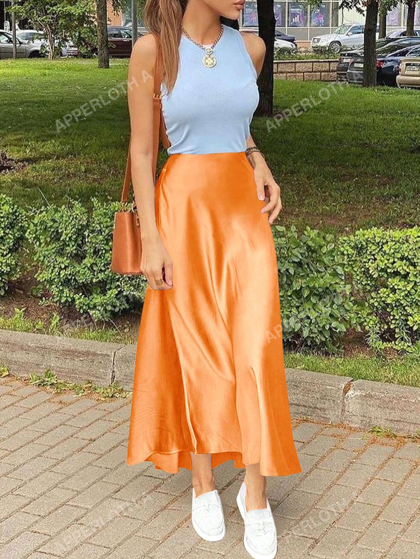 A Satin Skirts Casual Silk Mermaid Hem Midi Skirt High Waisted Long Skirts Zipper Elegant Work Skirts