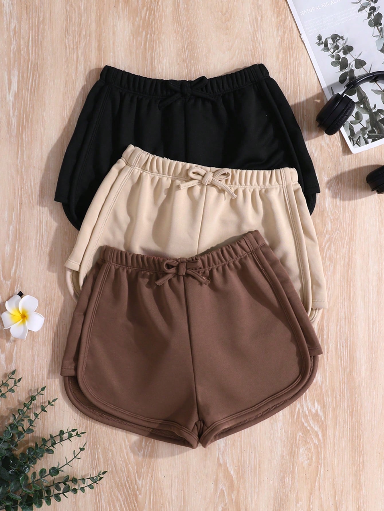 Tween Girl Knit Solid Color Bowknot Decor Casual Shorts 3pcs/Set For Summer