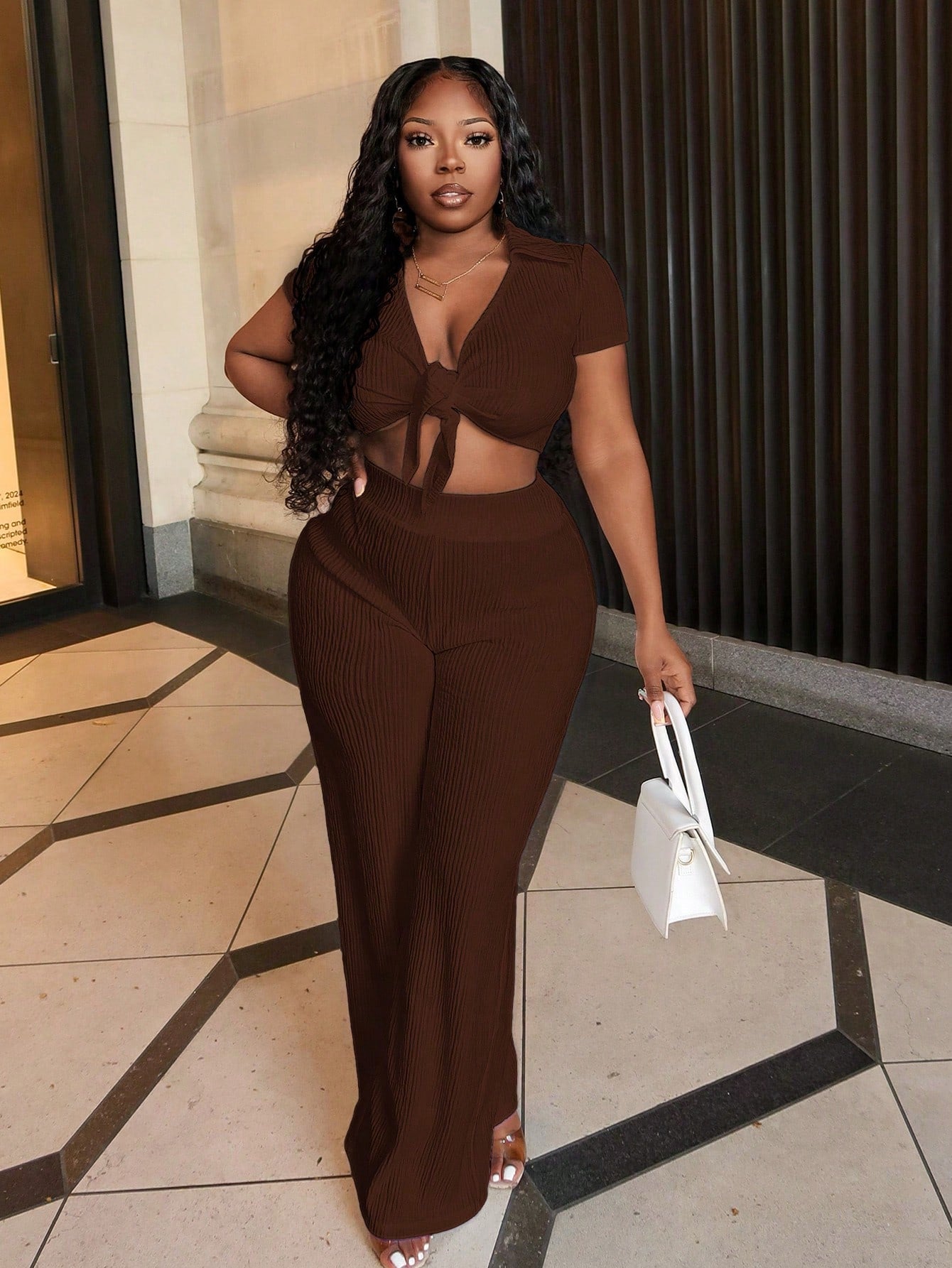 Casual White Short Sleeve Lapel V-Neck Tie Front Crop Top  And Straight-Leg Pants Set