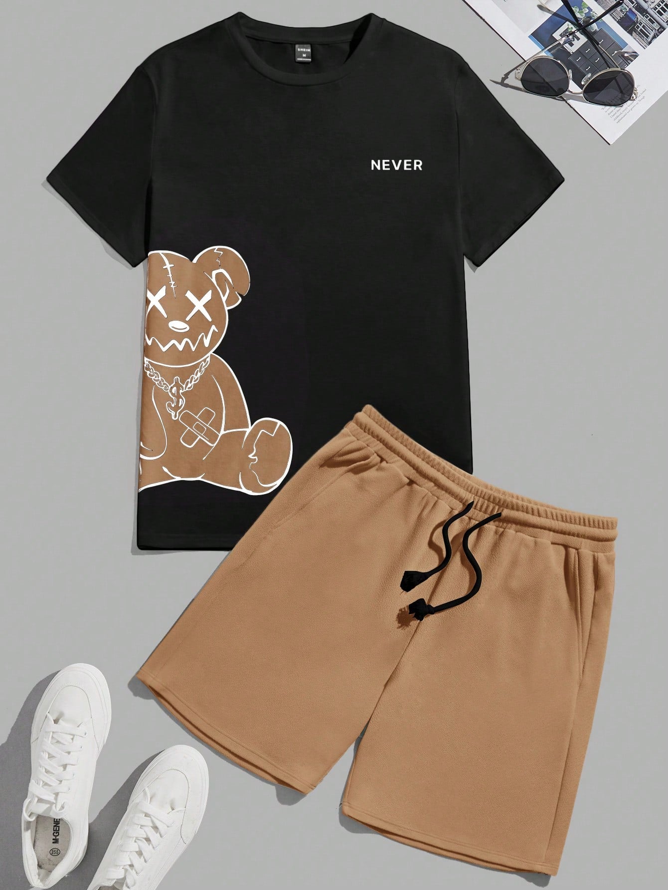 Bear Print T-Shirt And Shorts Knitting Casual Two-Piece Set