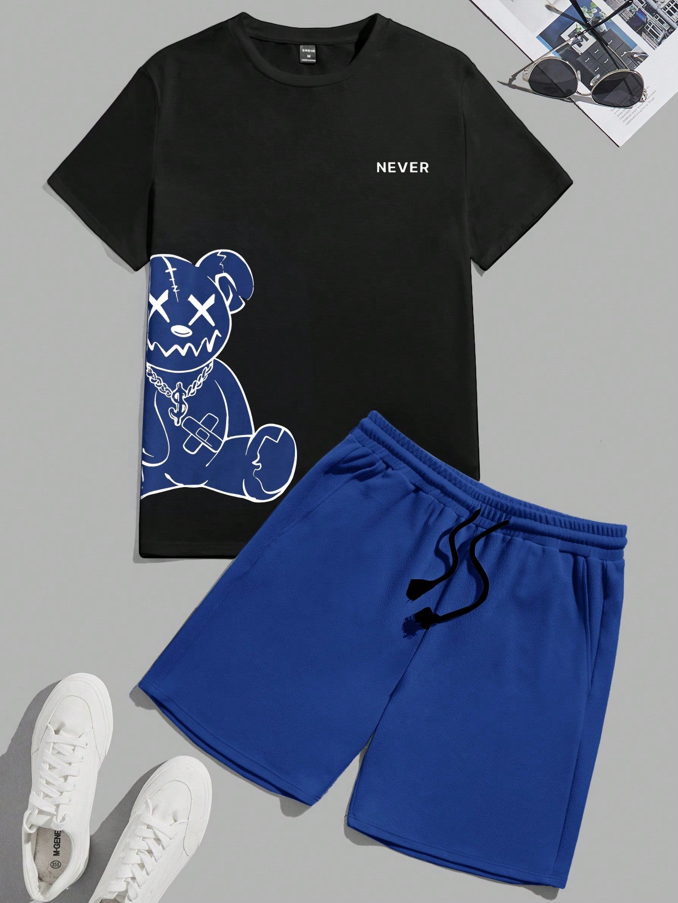 Bear Print T-Shirt And Shorts Knitting Casual Two-Piece Set