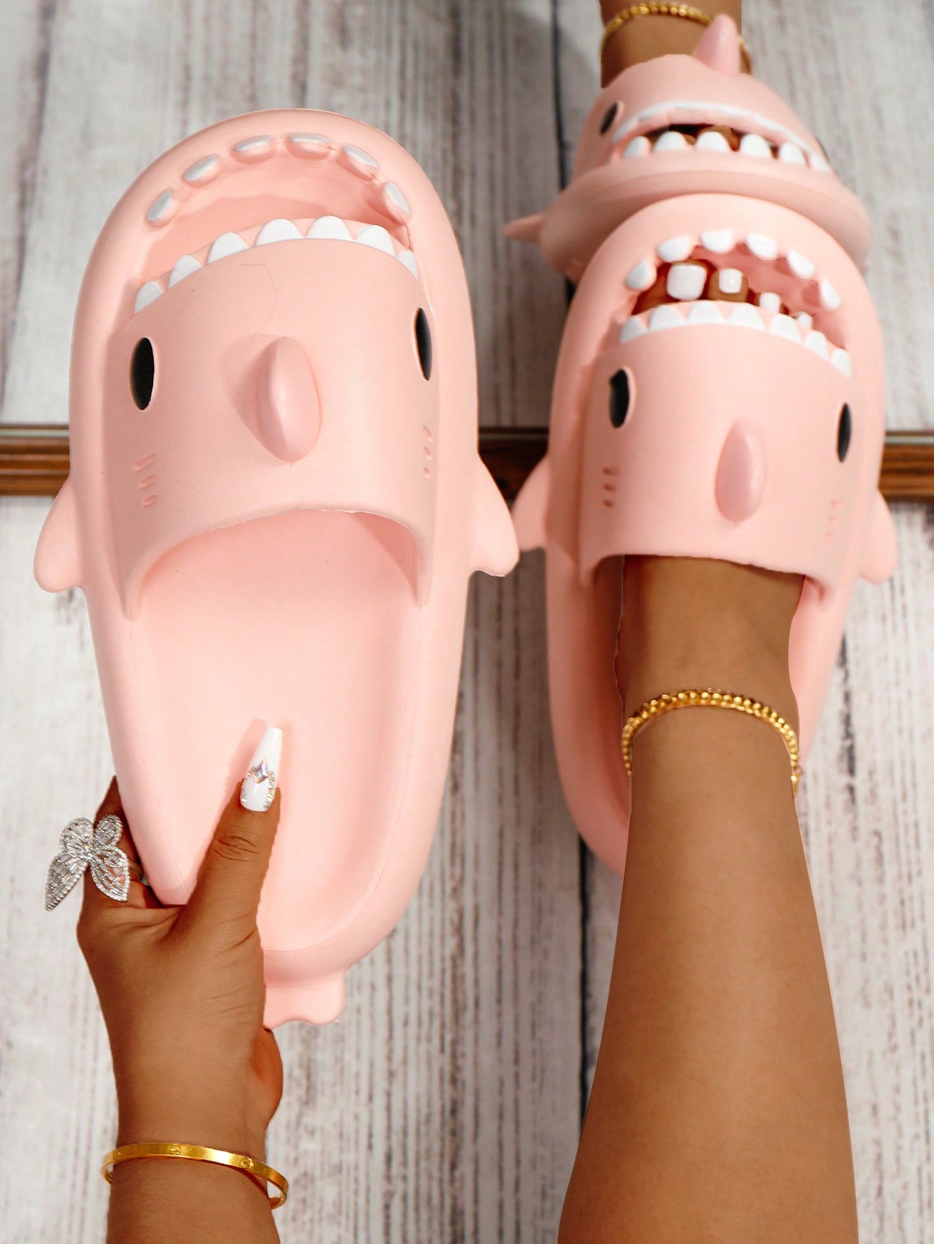 Women Shark Design Slides, Preppy Open Toe Flat Sandals For Daily