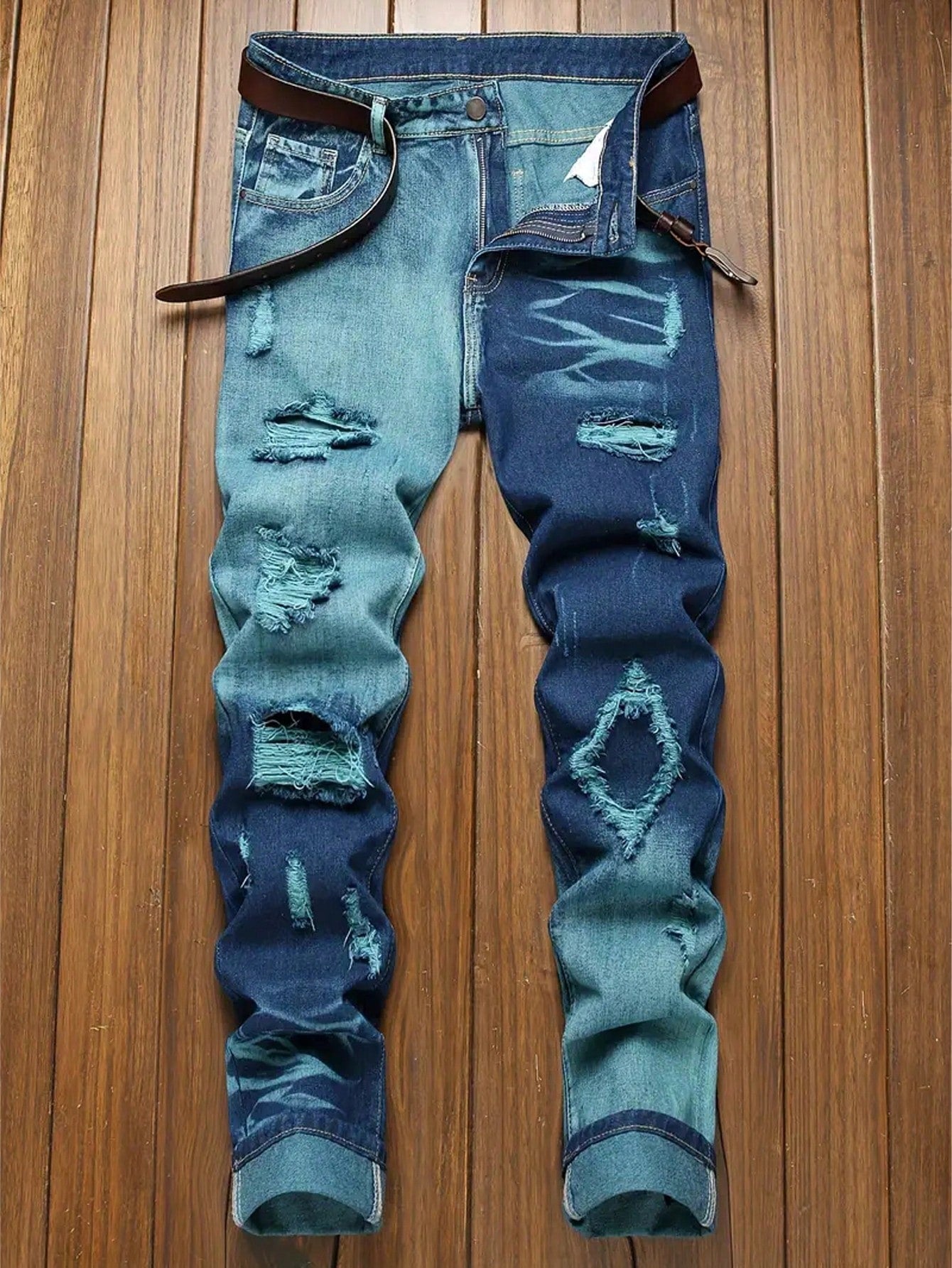 Teen Boys' Color Block Vintage Ripped Distressed Jeans With Pockets, Casual