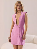 Ladies' Summer Sexy Deep Wavy V-Neck Big Gold Button Pink Blazer Sleeveless Dress