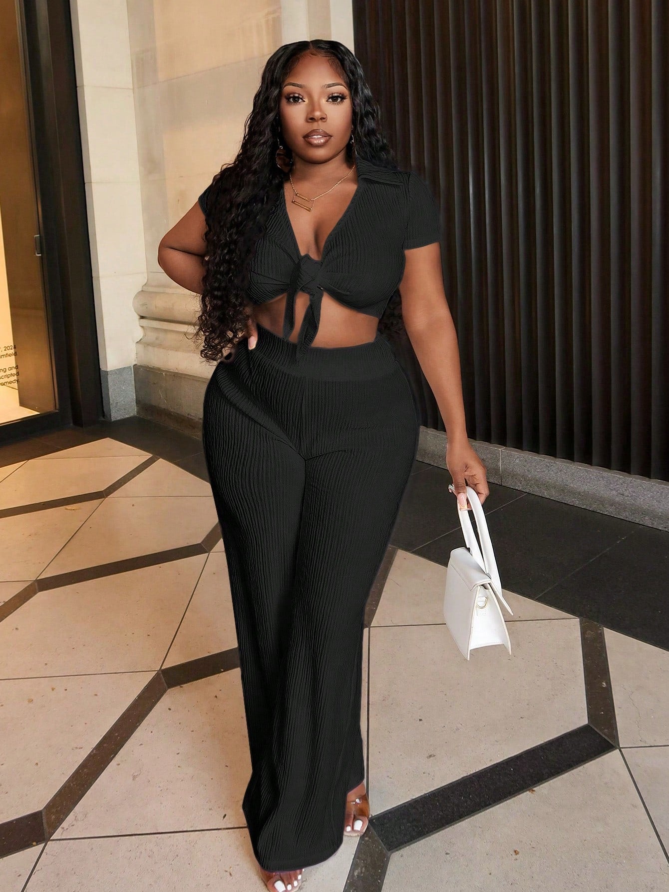 Casual White Short Sleeve Lapel V-Neck Tie Front Crop Top  And Straight-Leg Pants Set
