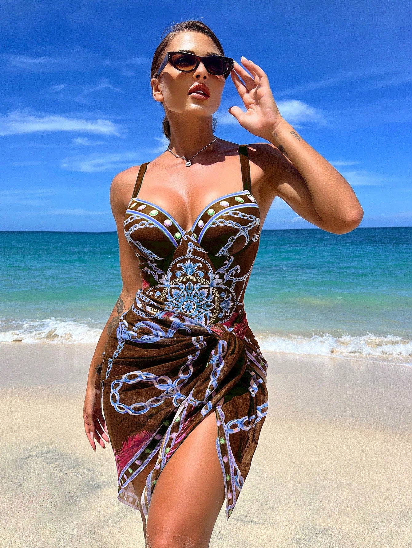 Chain Print Push Up One Piece Swimsuit With Beach Skirt