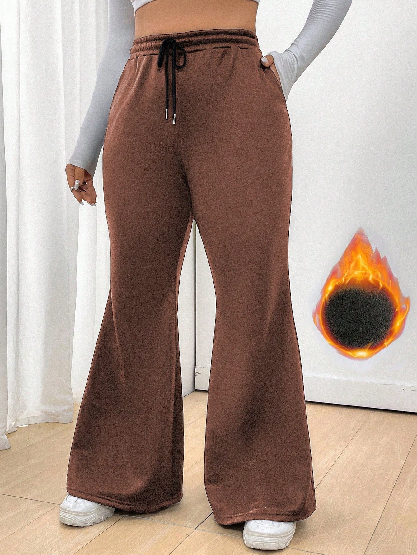 Plus Size Solid Color Drawstring Waist Flared Corduroy Pants With Fleece Lining