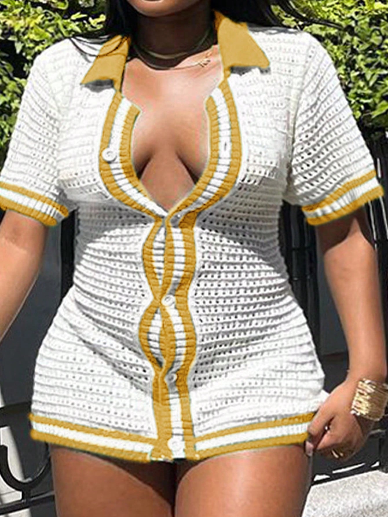 Women Plus Size Short Sleeve Shirt Style Cardigan With Contrast Color, Knitted Hollow Out Fabric, Sexy & Elegant, Perfect For Holiday, Daily Wear And Summer