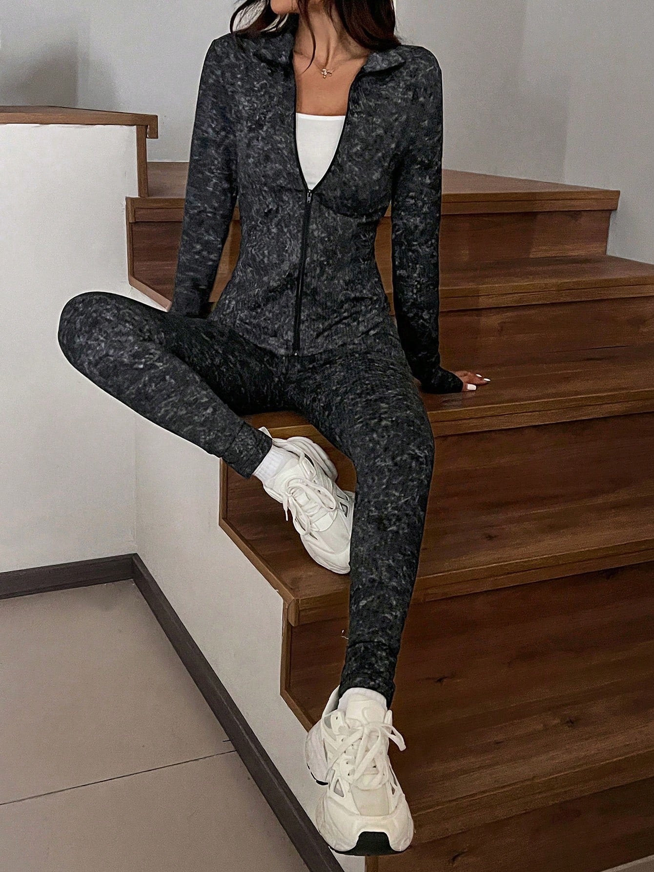 Black Two Piece Set Sportswear Zip Up Jacket & Leggings