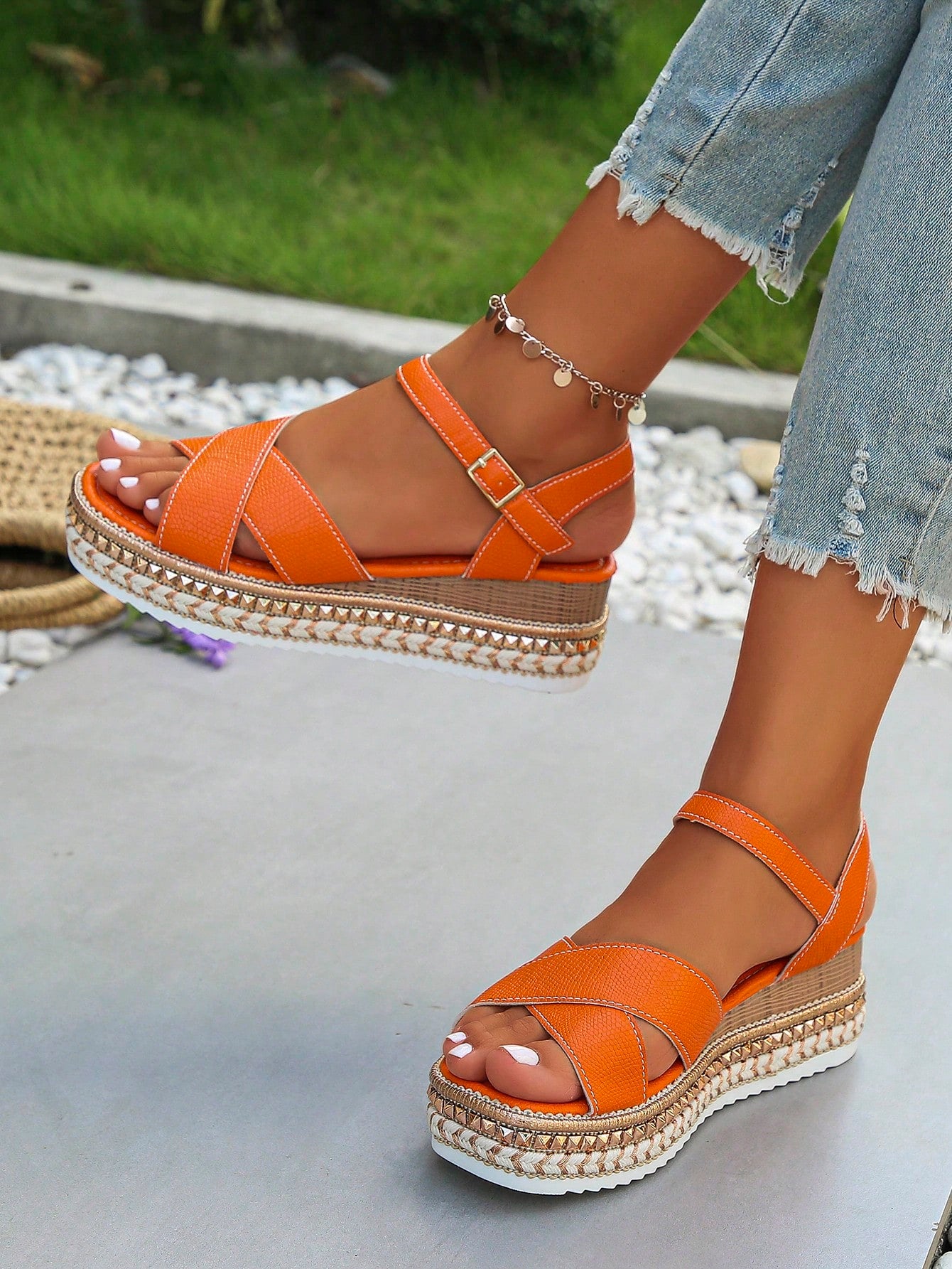 Women's Plus Size Cross Strap Wedge Sandals With Thick Soles, Increased Height, And Rose Red Color, Ideal For Daily Wear, Outdoor, And Foreign Trade In Summer, With Buckle Straps