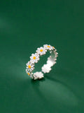 Sterling Silver Adjustable Fit Ring - Unique Bohemian Inspired Design With Vibrant Enamel Details And Delicate Floral Band Pattern - Fresh White Summer Daisy Motif, Ideal Vacation Fashion Jewelry For Women