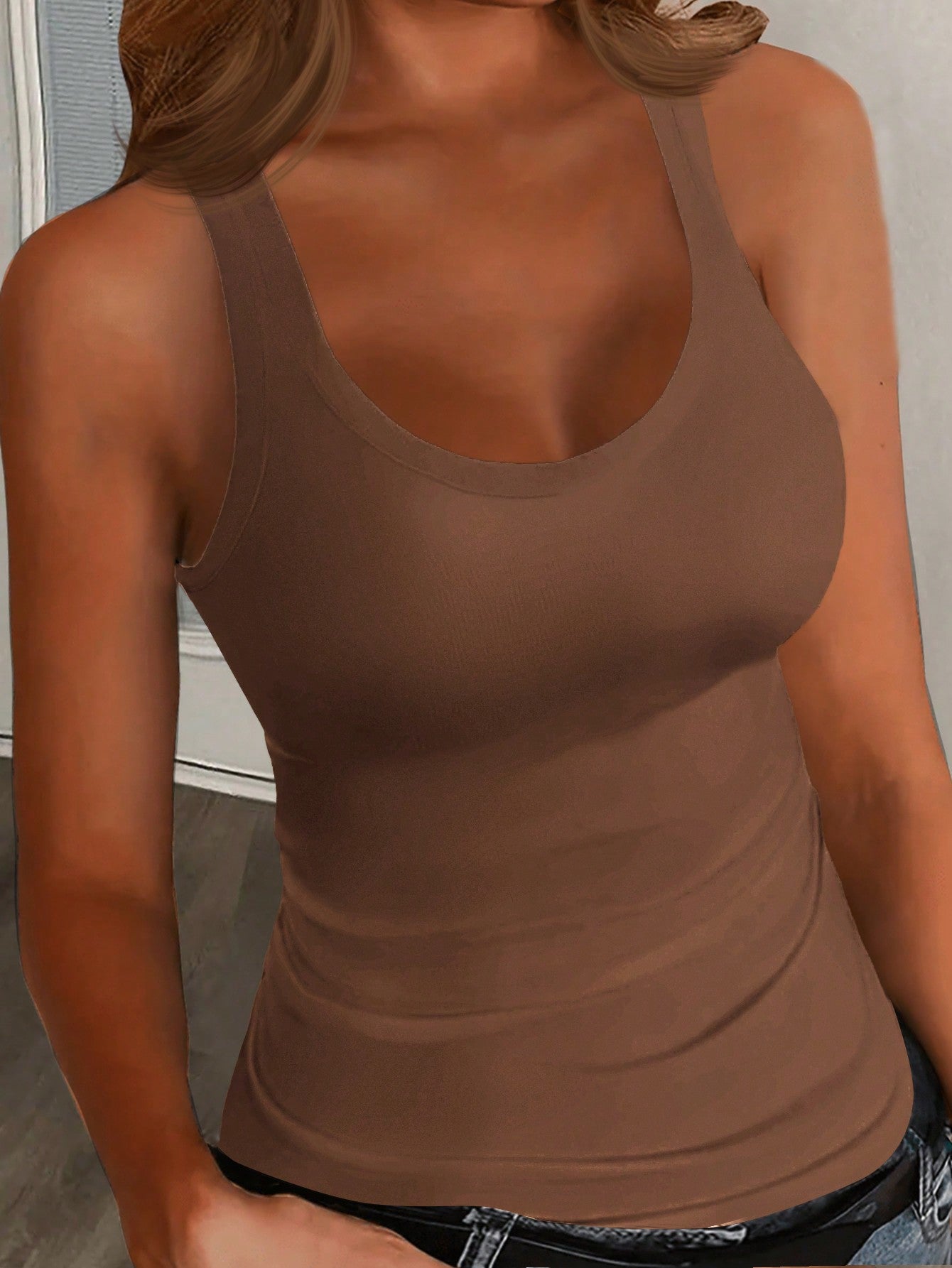 Casual Basic Sleeveless Tank Top With Deep U-Neck And Narrow Pit Stripes, White