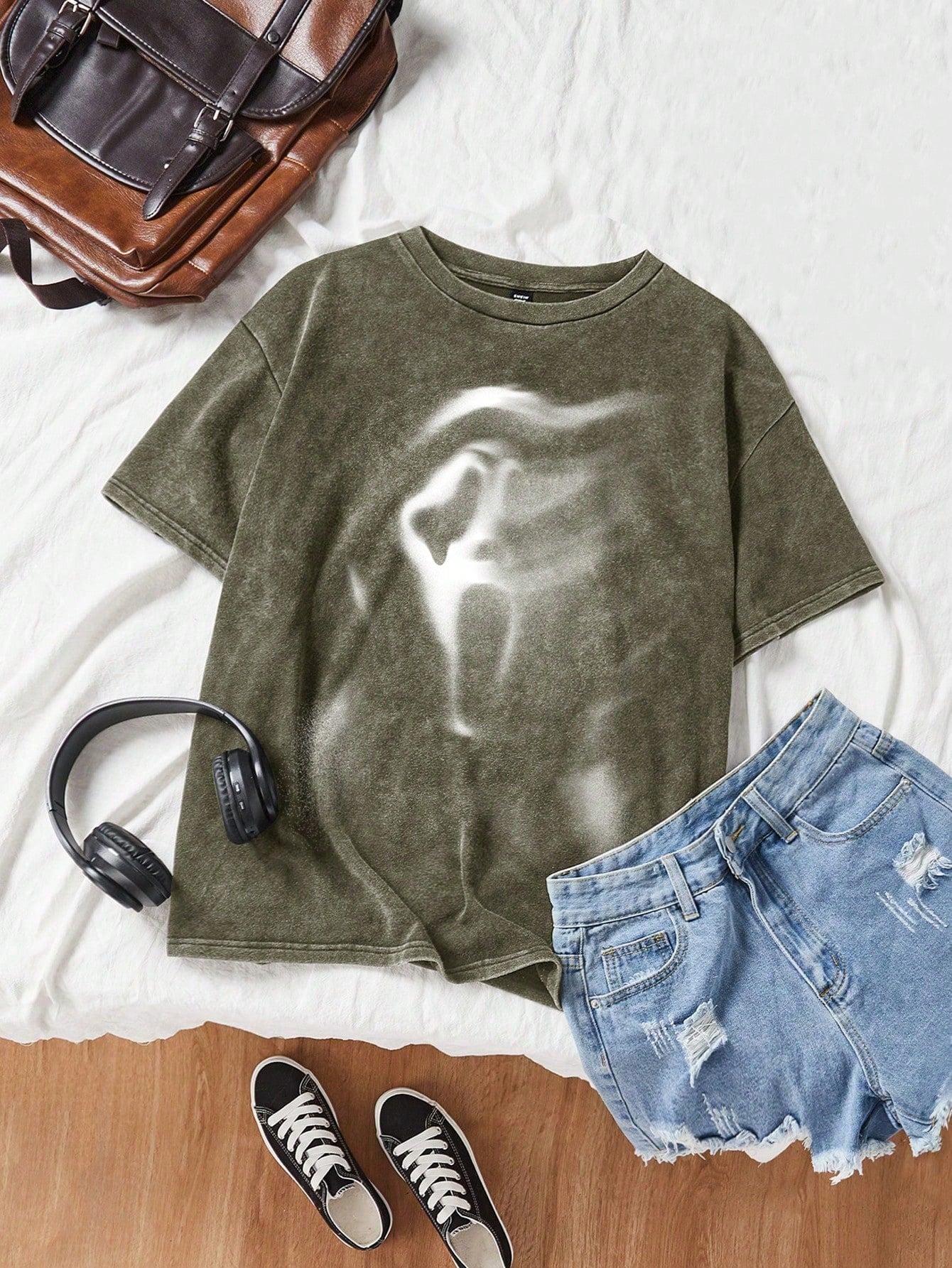Plus Size Halloween Acid Washed Look Vintage Knitted Distressed Loose Fit Knit Screaming Skull Pattern Cartoon Pattern Short Sleeve T-Shirt