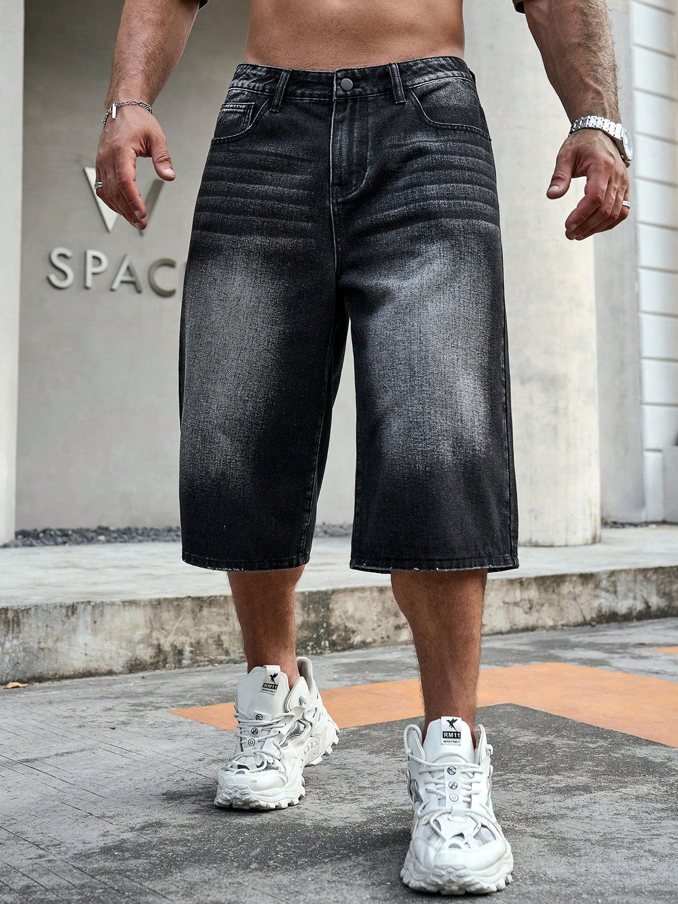Fashionable And Casual Loose Fit Plus Size Men's Denim Shorts Oversize Long Plain Dark Blue Going Out Vintage Friends
