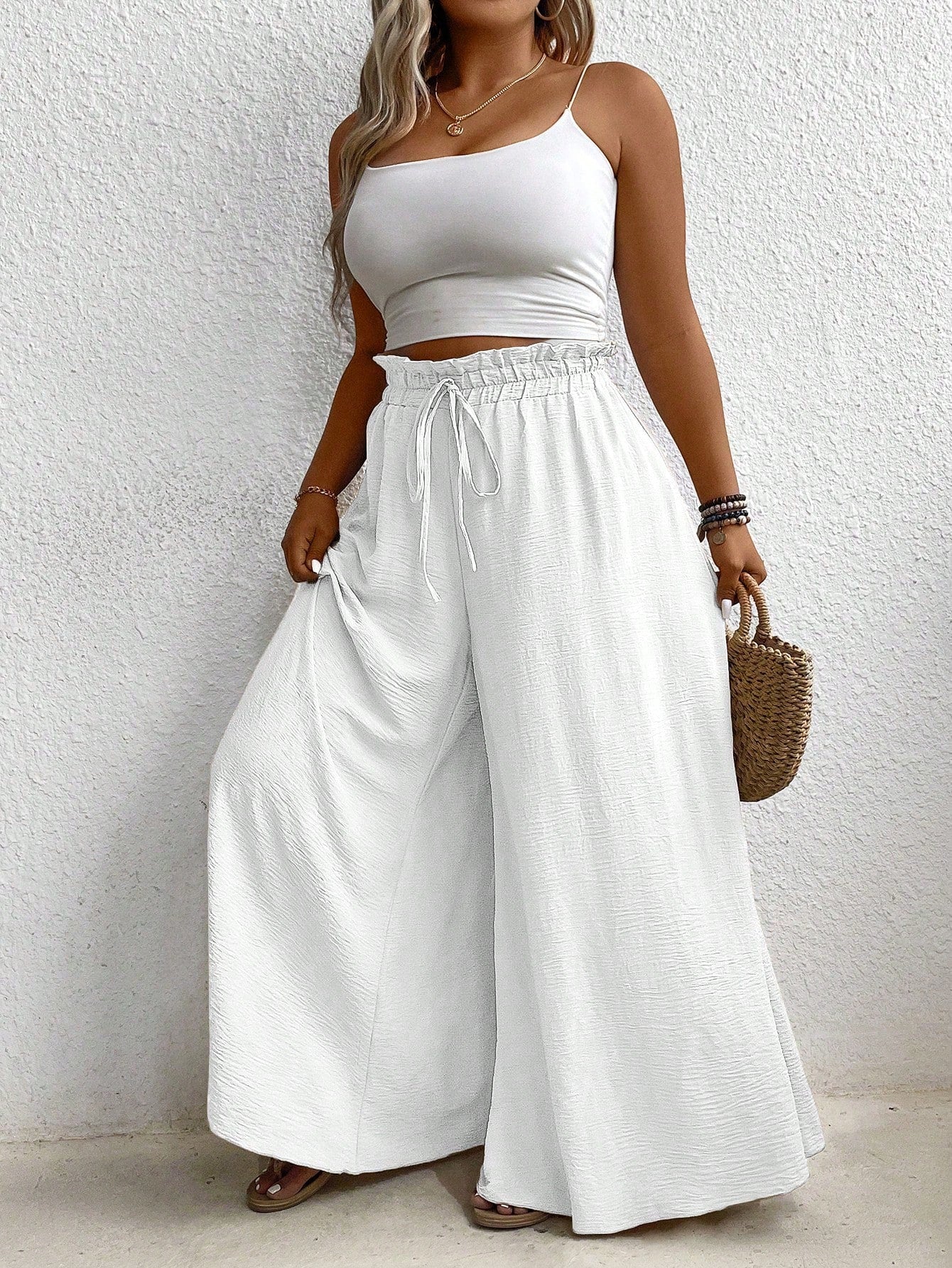 Plus Size Solid Color High-Waist Wide Leg Pants With Paperbag Waist, Summer