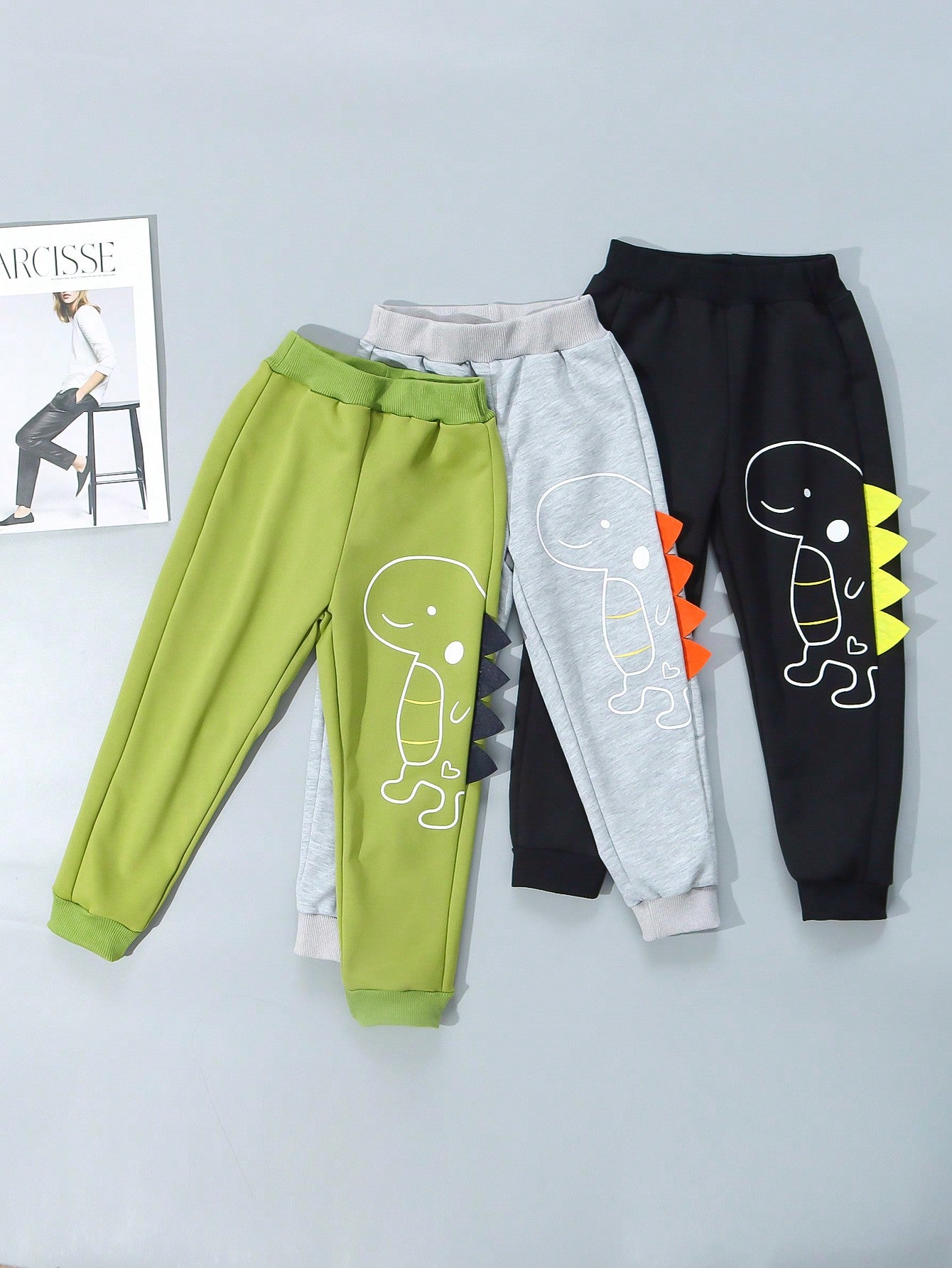 BOY Casual Sporty Street Style Cute Dinosaur Long Pants Shorts, Gray+Khaki+Navy Blue, 3pcs, Suitable For Daily Wear, School, Travel, Sports, Spring And Autumn