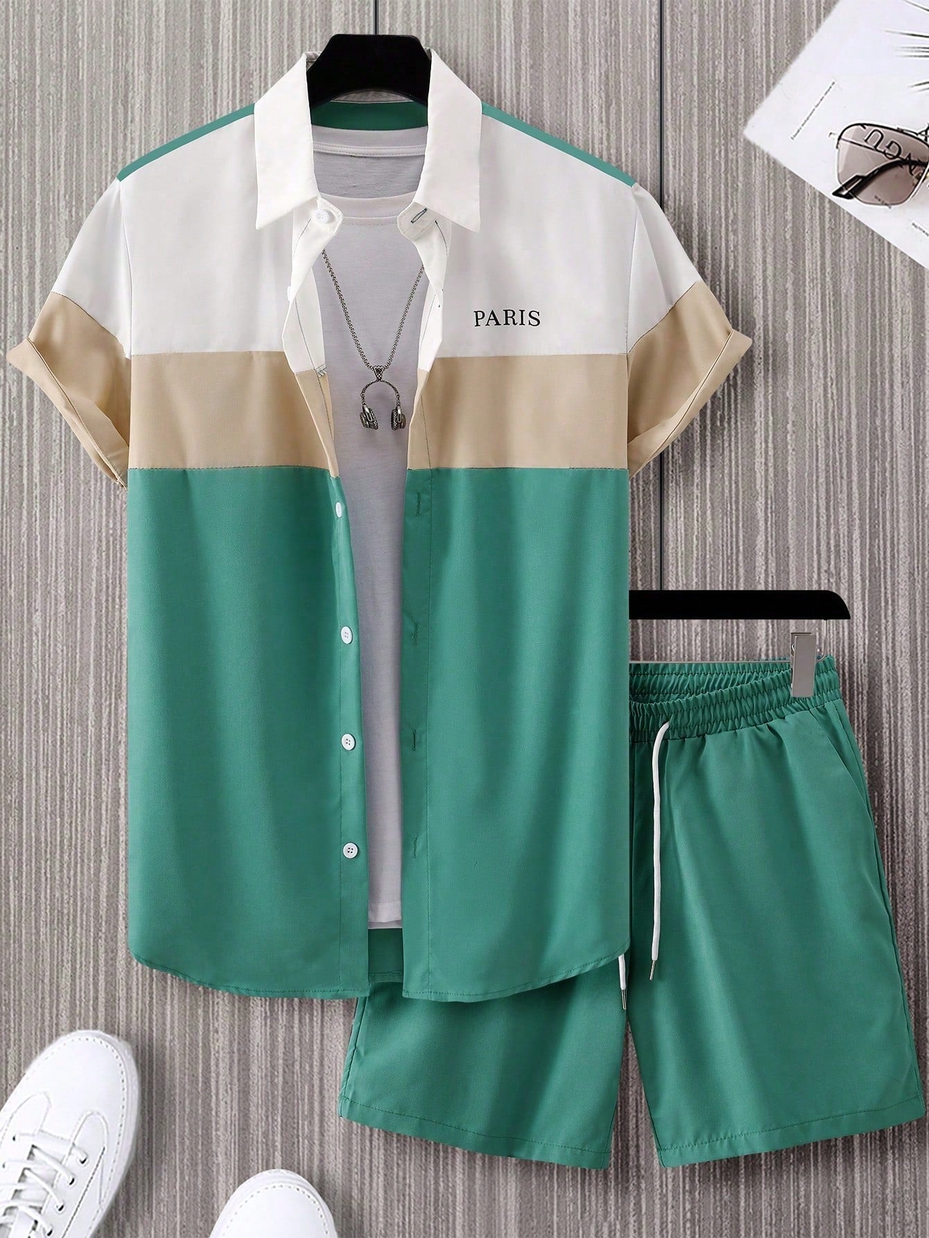 Men's Plus Size Summer Casual Letter Printed Colorblock Short Sleeve Shirt And Shorts Set