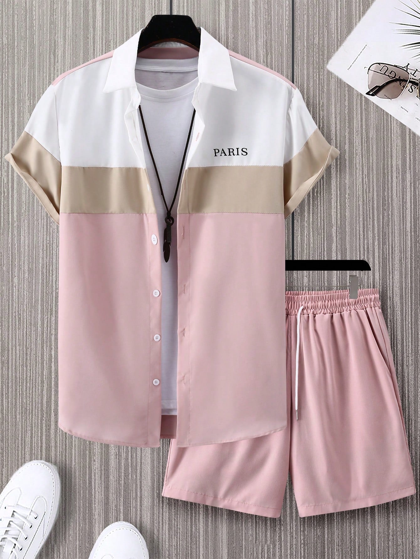 Plus Size Men's Color Block Letter Printed Short Sleeve Shirt And Drawstring Waist Shorts Casual Set, Summer