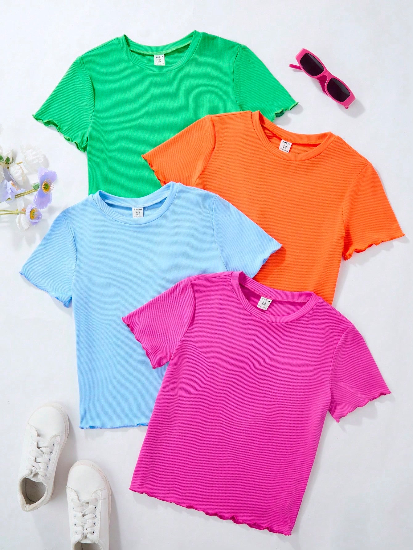 Tween Girls' Short Sleeve T-Shirt Set In Black, White, Blue And Pink, Made Of Ribbed Clean Fabric For A Versatile Summer Outfit