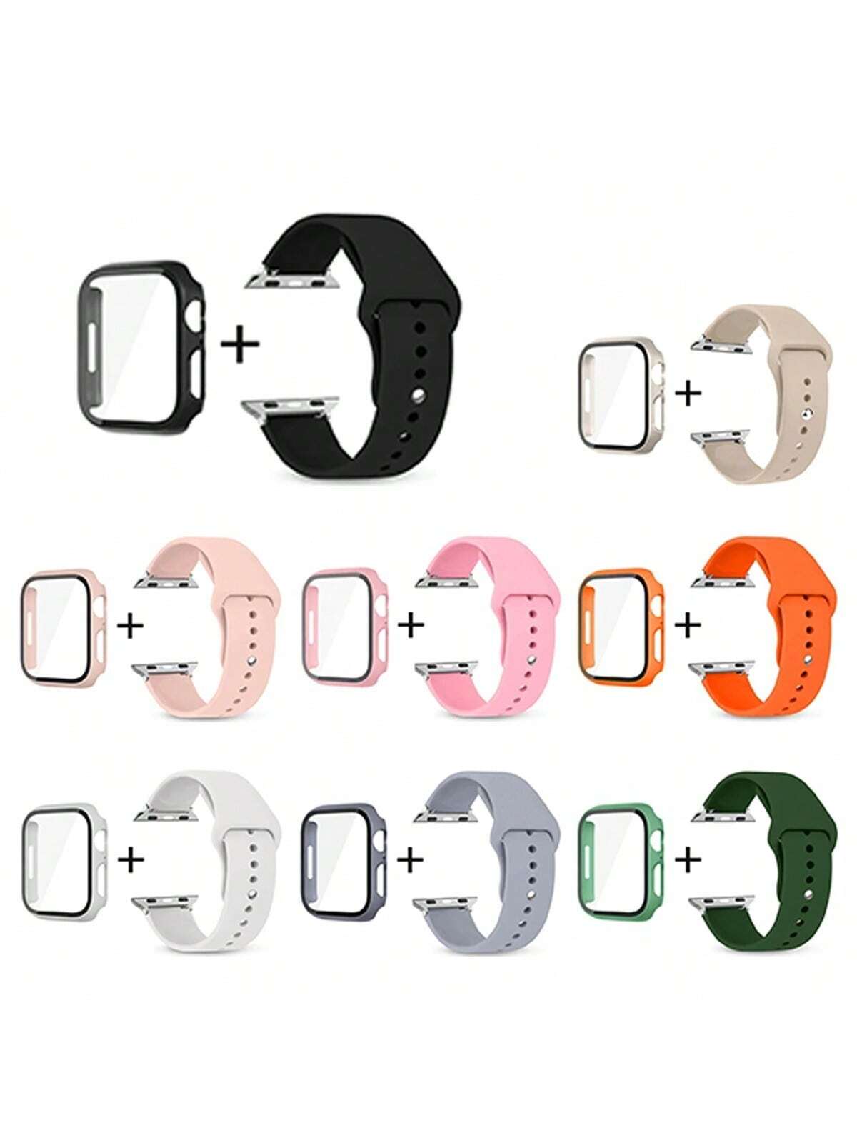 Light Pink / White / Milk Tea / Pink / Orange / Black / Grey / Dark Green /1Set Glass+Case+Strap Compatible With Apple Watch Band Ultra Series 1 2 49mm Series 8 7 45mm 41mm SE 9 6 5 4 44mm 40mm  Screen Protectors Compatible With Apple Apple Watch Apple Wa