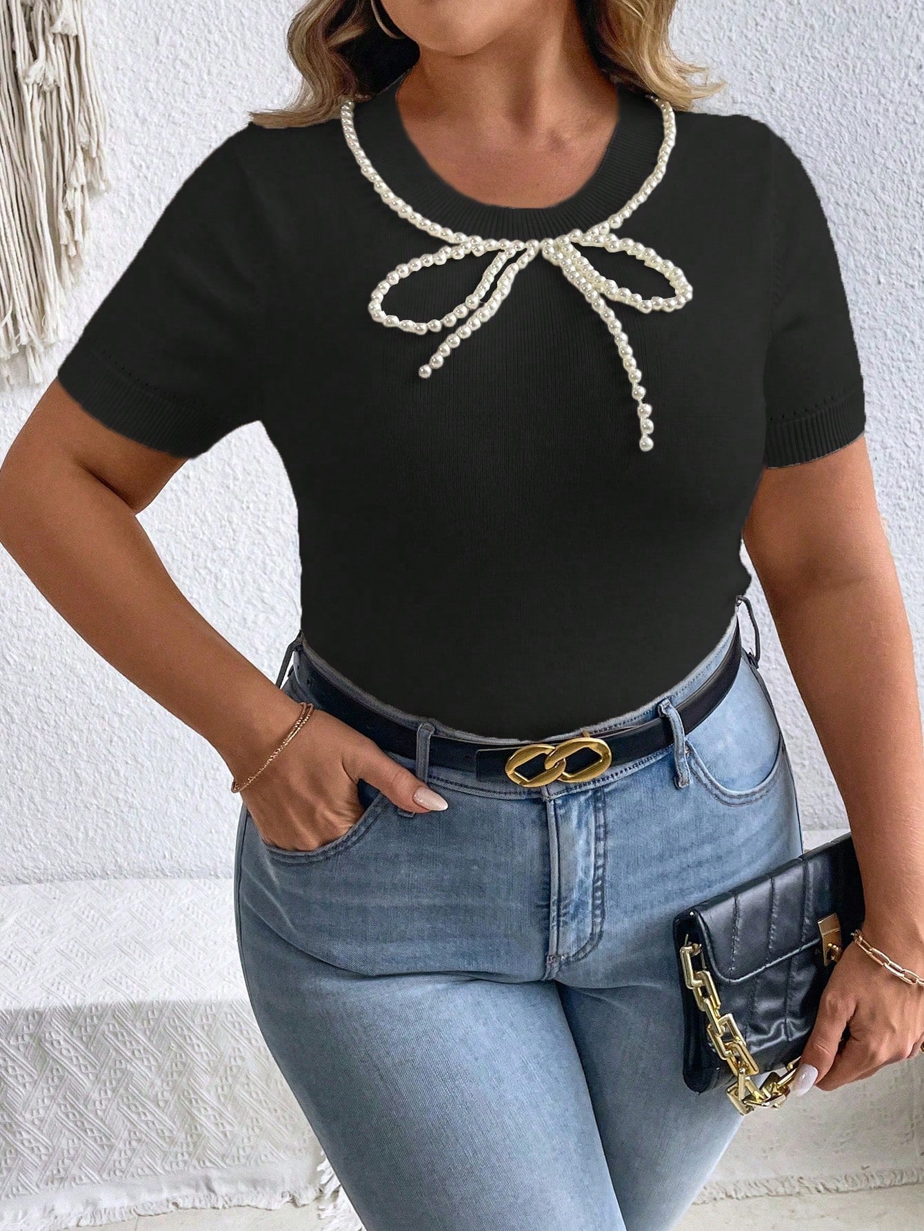 Women's Plus Size Knitted Top With Faux Pearl Decoration, Solid Color