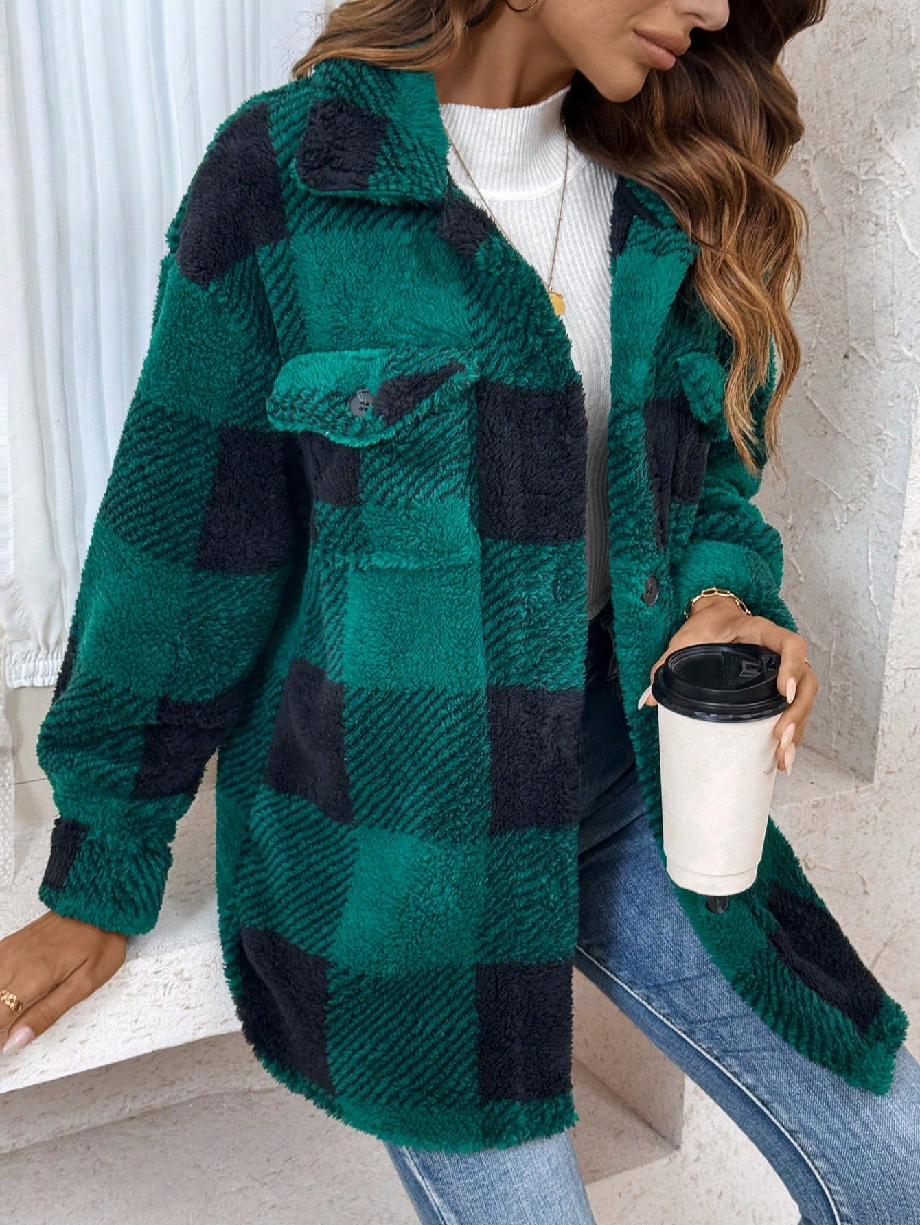 Buffalo Plaid Print Drop Shoulder Flap Pocket Fuzzy Coat