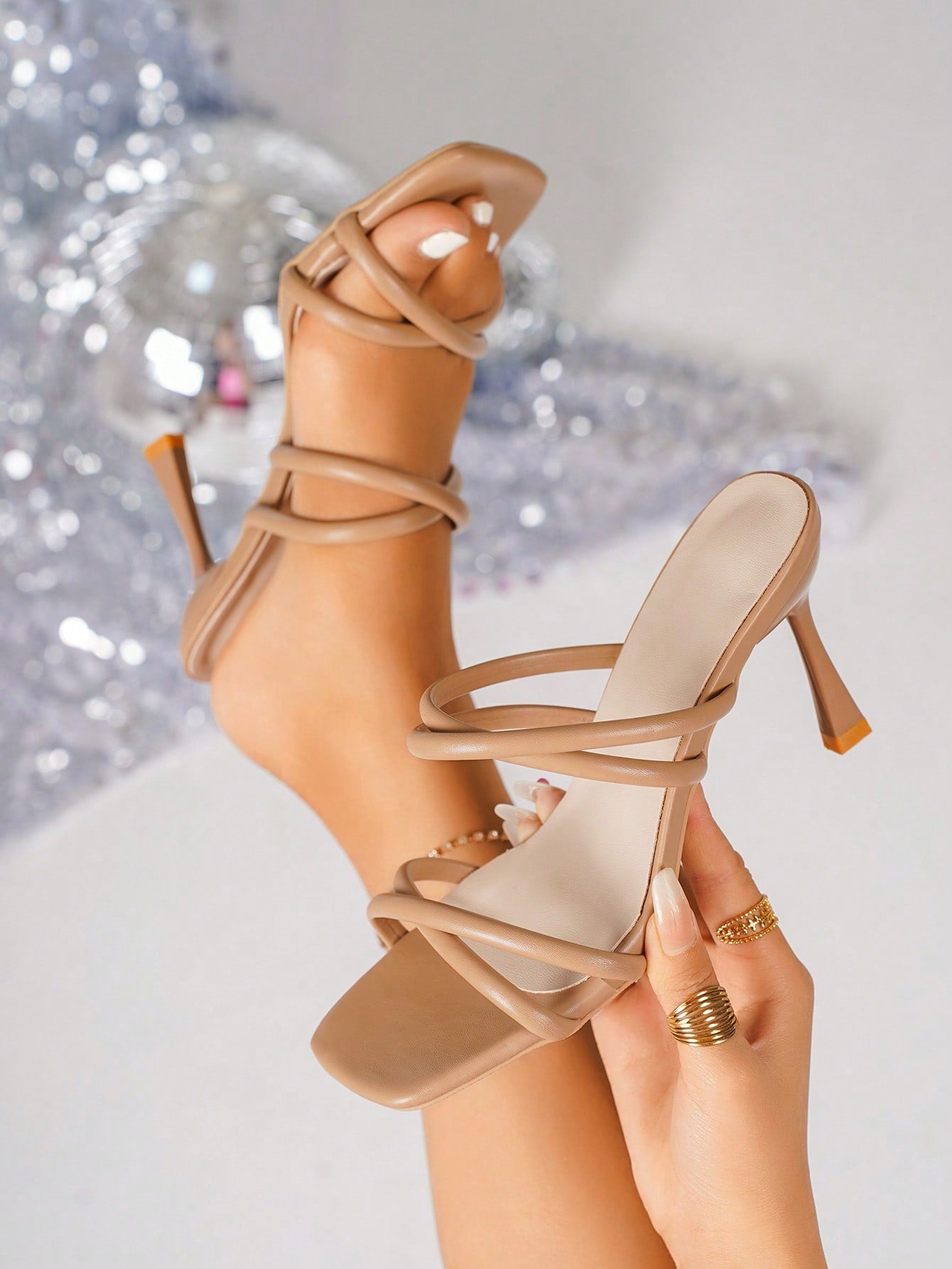 Women's Fashionable Nude Casual Elegant Pointed Toe Cross Strappy Stiletto Heels Color Block PU Sandals With Comfortable Slip-On Design For Daily Wear In Summer, Color