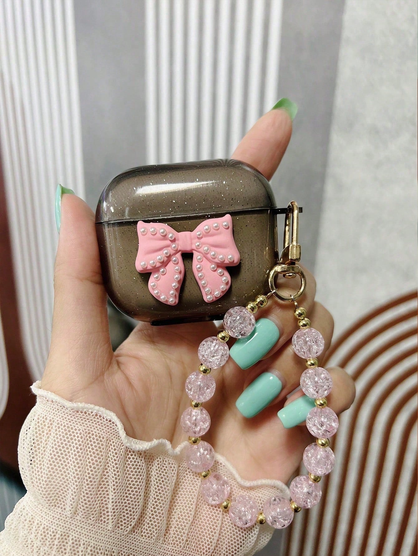 Pink Transparent Glitter Earphone Case With Rhinestone & Bowknot, Icy Flower Pom Pom Beaded Earphone Chain