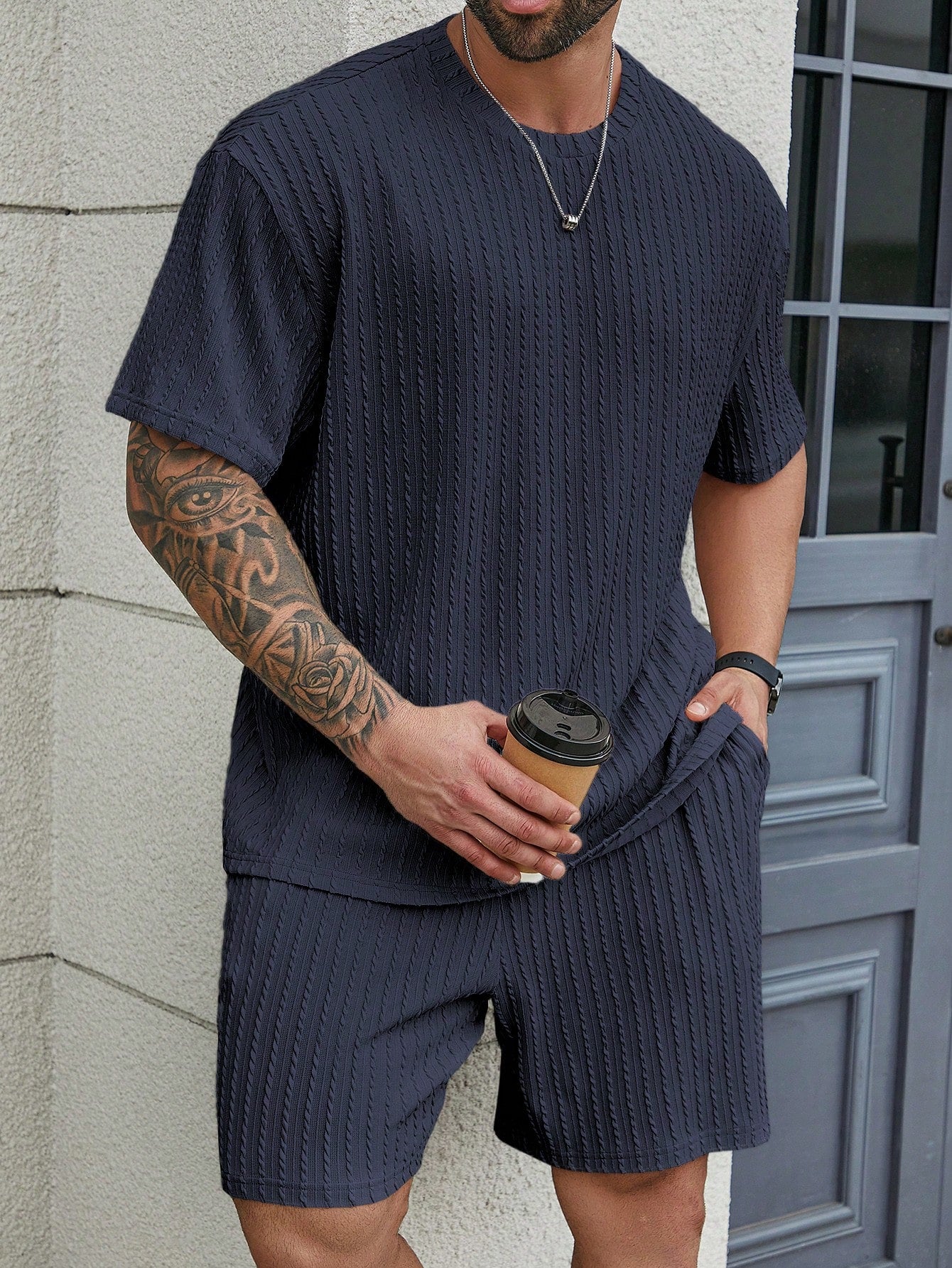 Men's Plus Size Summer Solid Color Textured Round Neck Short Sleeve Casual T-Shirt And Shorts Set