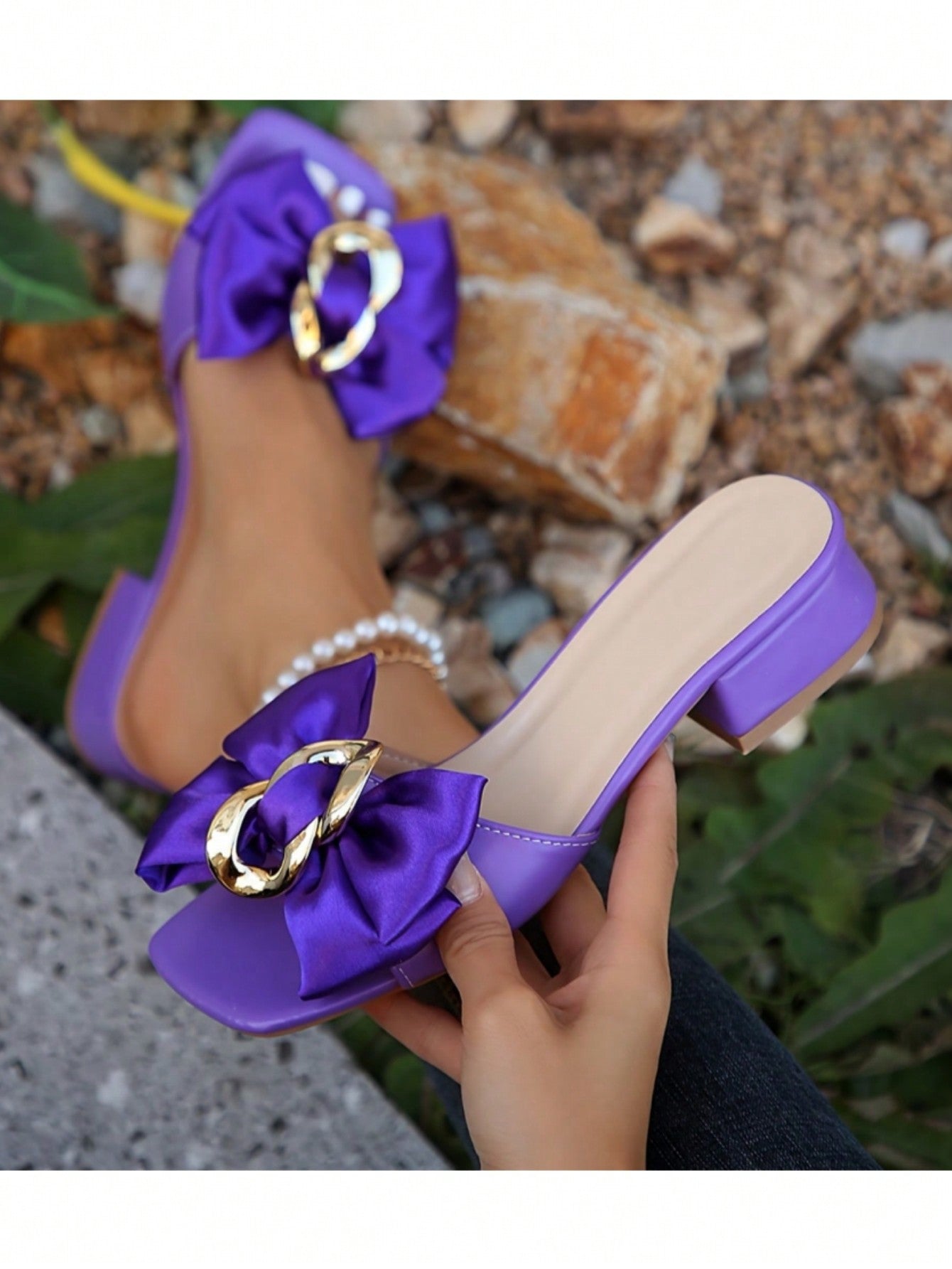 Women's Solid Color Fashionable Sandals With Buckle & Bow Decoration, Casual Slip-On Chunky Heels, Versatile For Summer Parties & Slippers