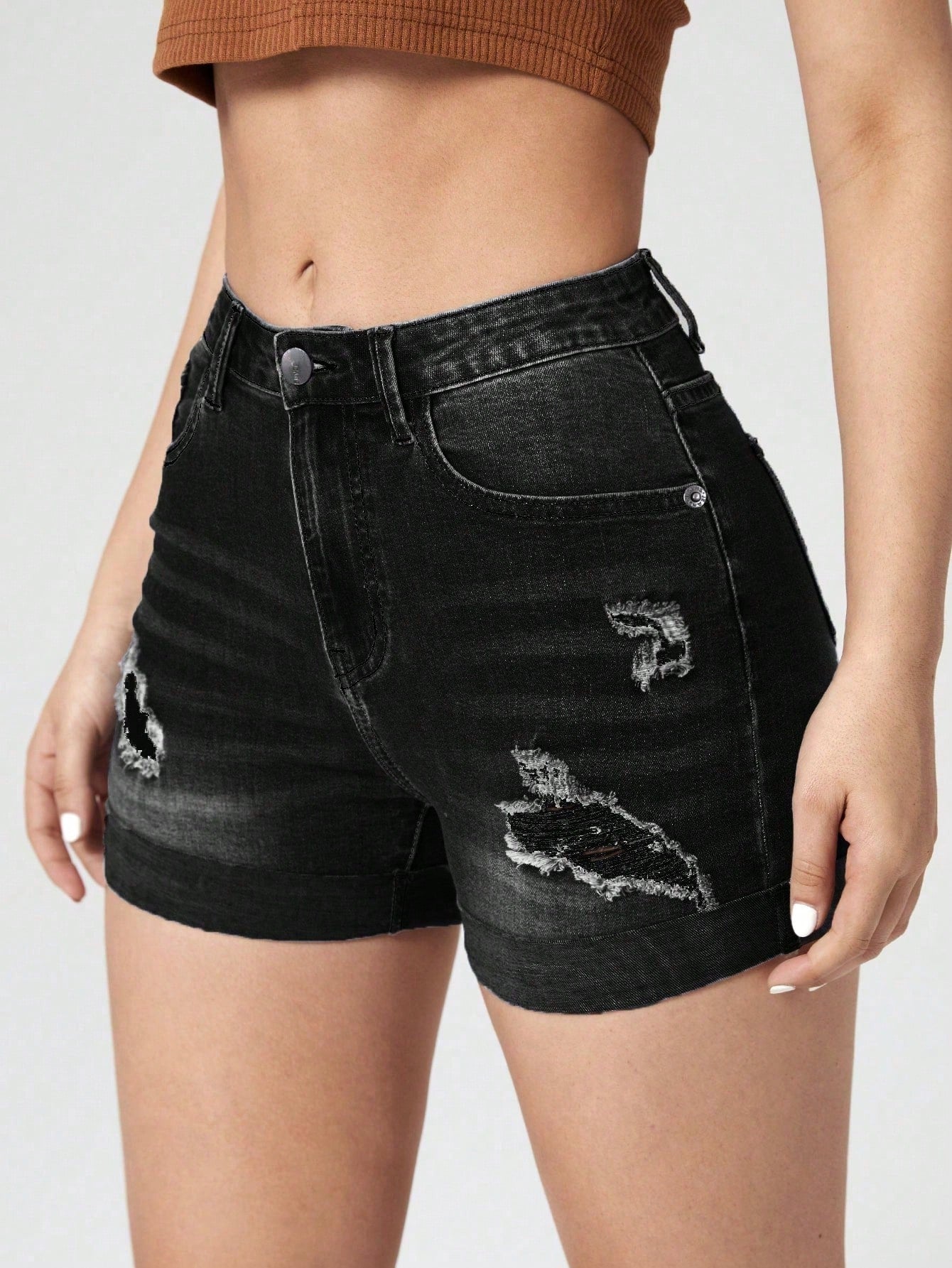 Ripped Roll Up Hem Denim Shorts