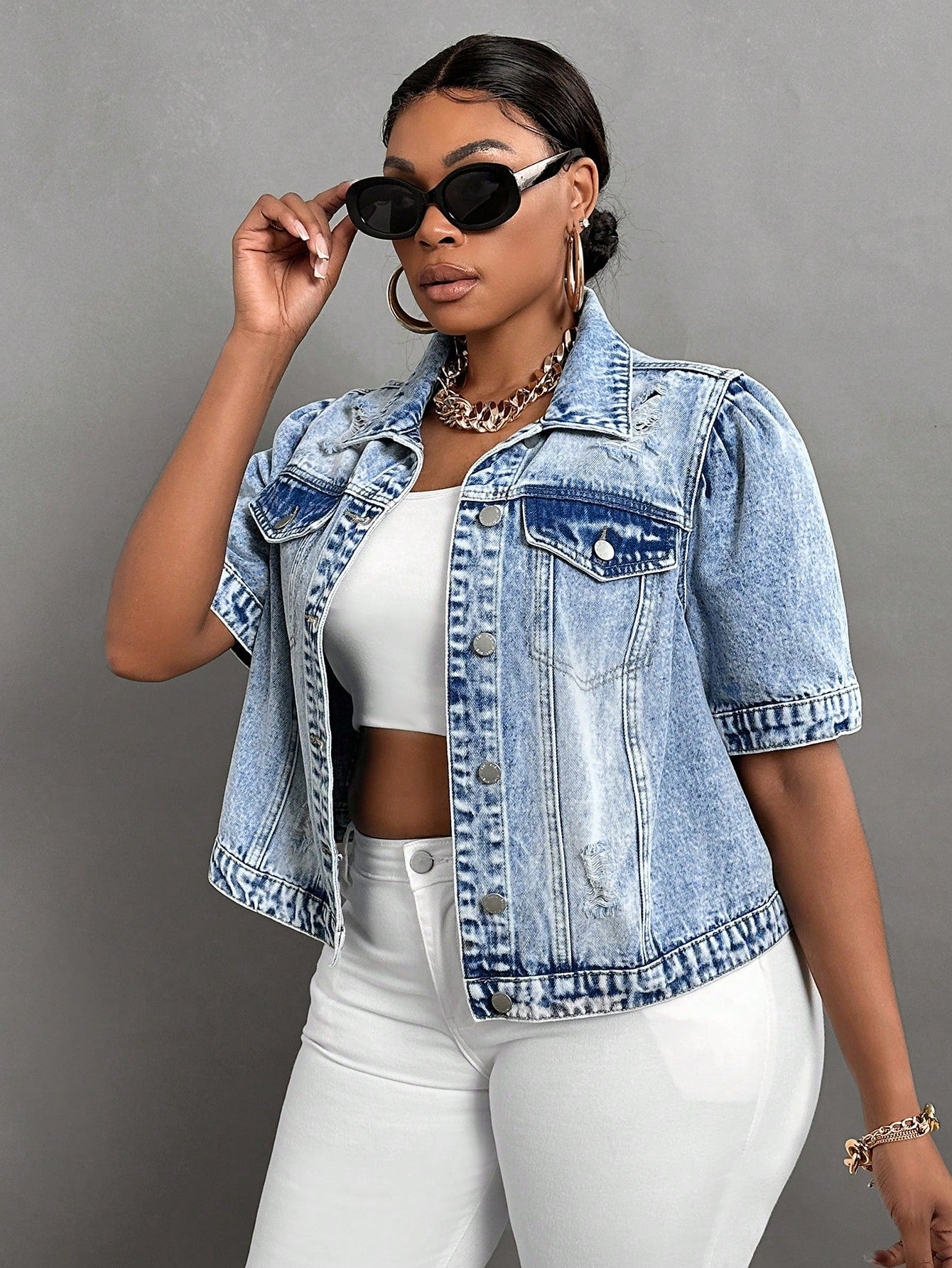 Plus Size Women's Simple Solid Color Short Sleeve Denim Jacket For Daily Wear