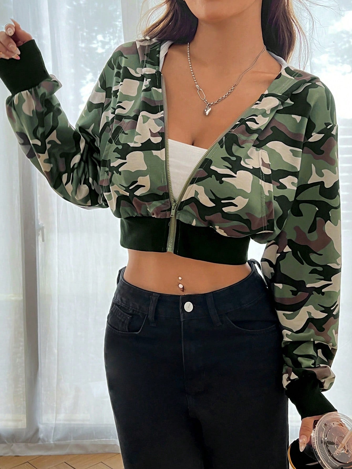 Casual Colorblock Zipper Hooded Cropped Sweatshirt