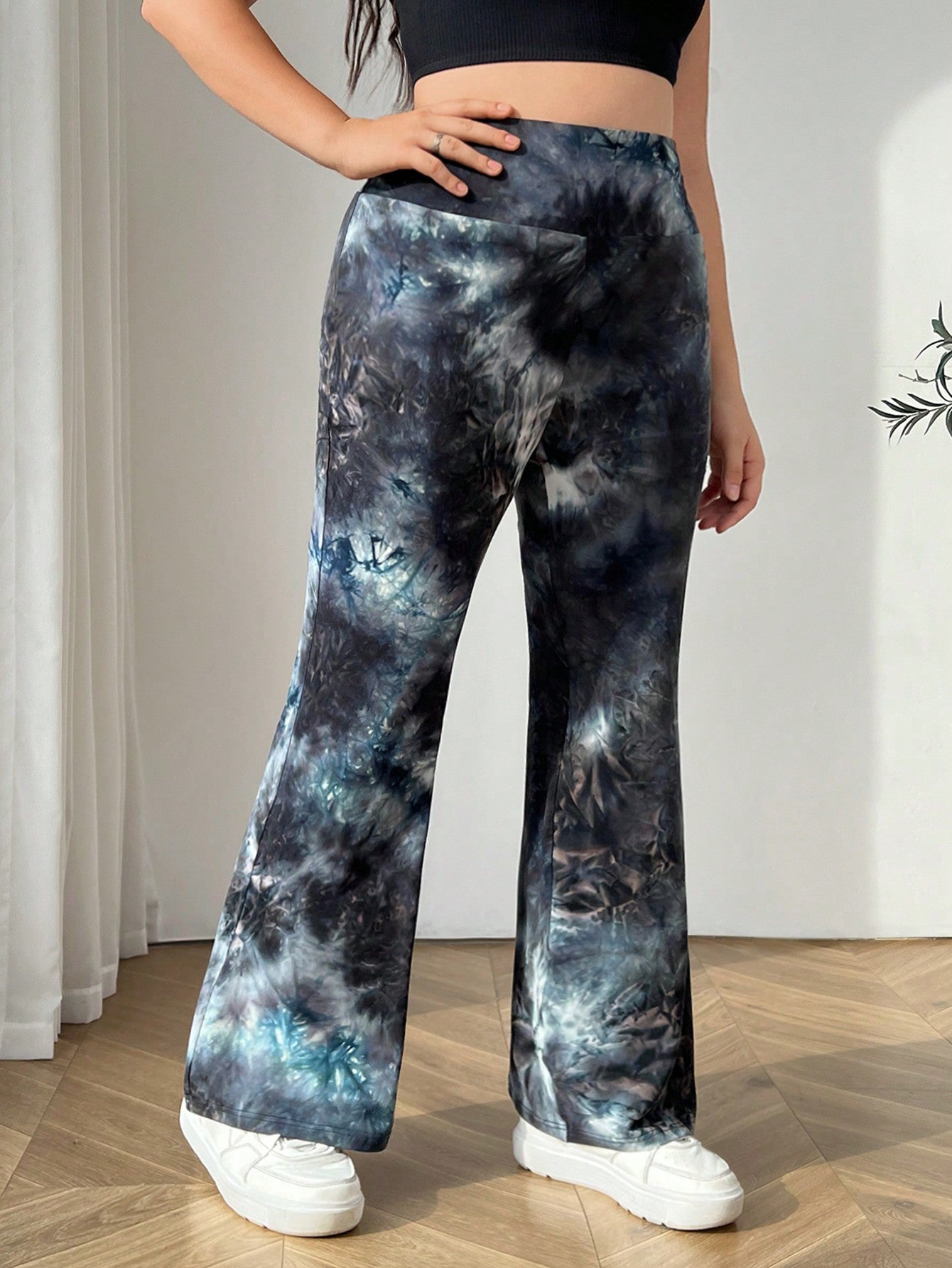 Plus Size Women's Vintage Look Acid Washed Black Knitted High Waist Flared Pants, Suitable For Daily,Casual, Outdoor Sports, And Personalized Matching, Using Stone-Washed Heavy-Duty Technology In Summer.