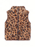 1pc Young Girl Cute Casual Warm Leopard Print Vest Jacket For Boys & Girls, Spring Autumn Winter