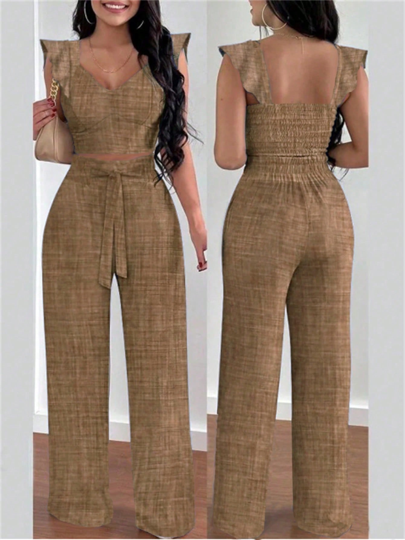Women's Summer Casual Solid Color Short Sleeves Shirt And Long Pants Two-Piece Set