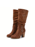 TINSTREE Womens Mid Knee High Boots Chunky Heel Slouchy Metal Buckle Side Zipper Fashion Winter Shoes