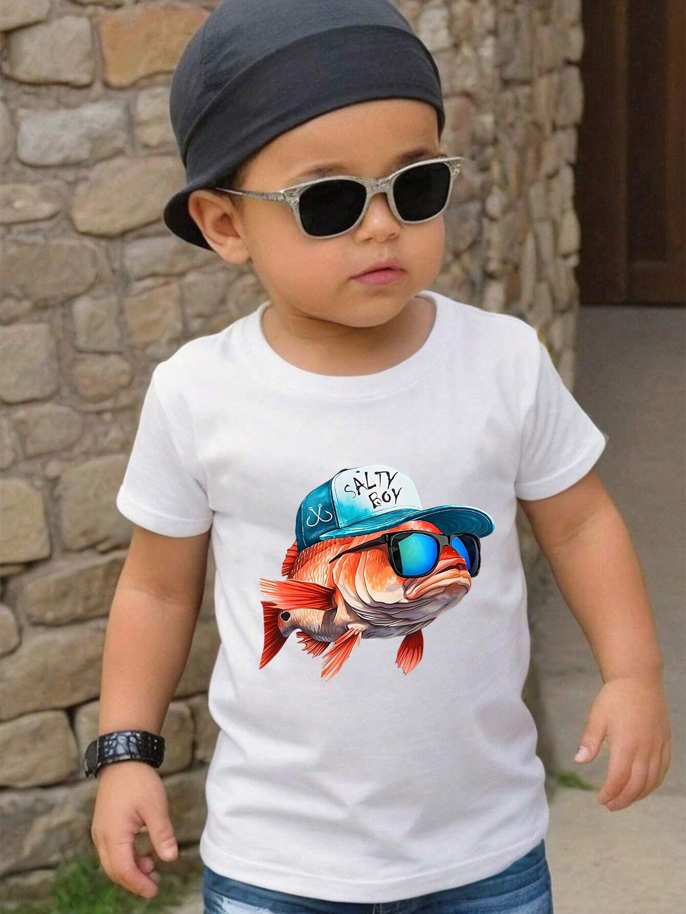 Toddler Boys' Casual Cute Cartoon Sunglasses Fish Pattern Round Neck Short Sleeve T-Shirt