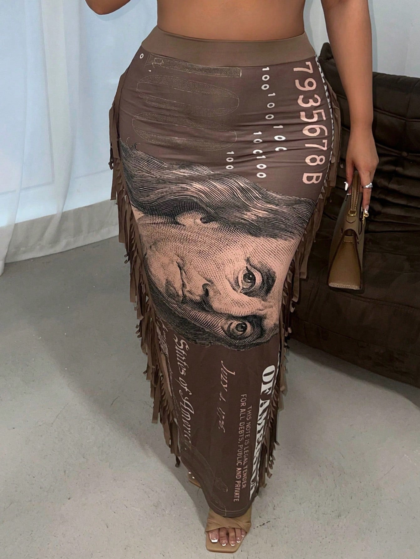 Dollar Print Fringe Trim Pencil Skirt