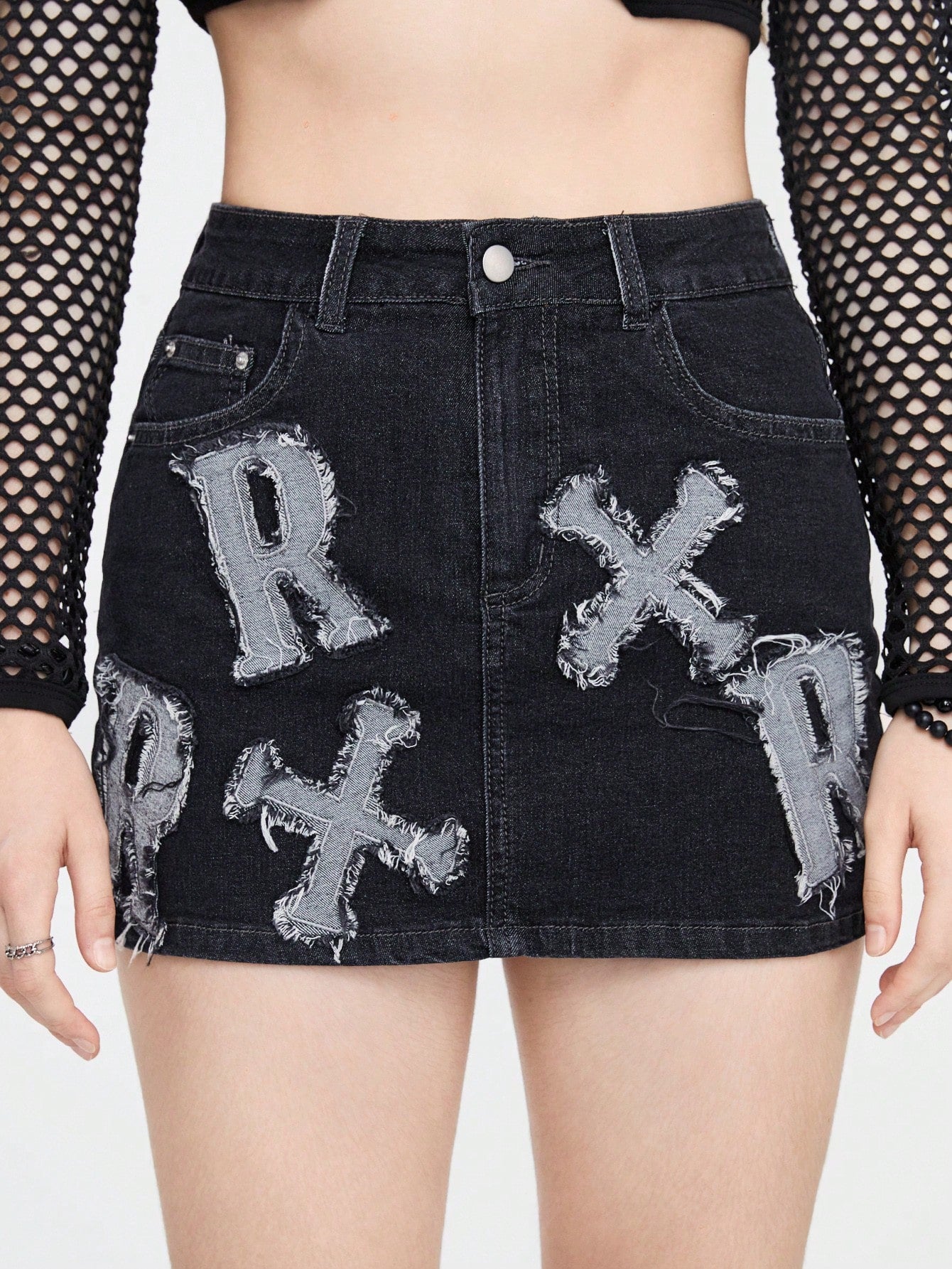 Punk Summer Stretch Cross Embroidery Fringe Denim Skirt For Women, Water Washed