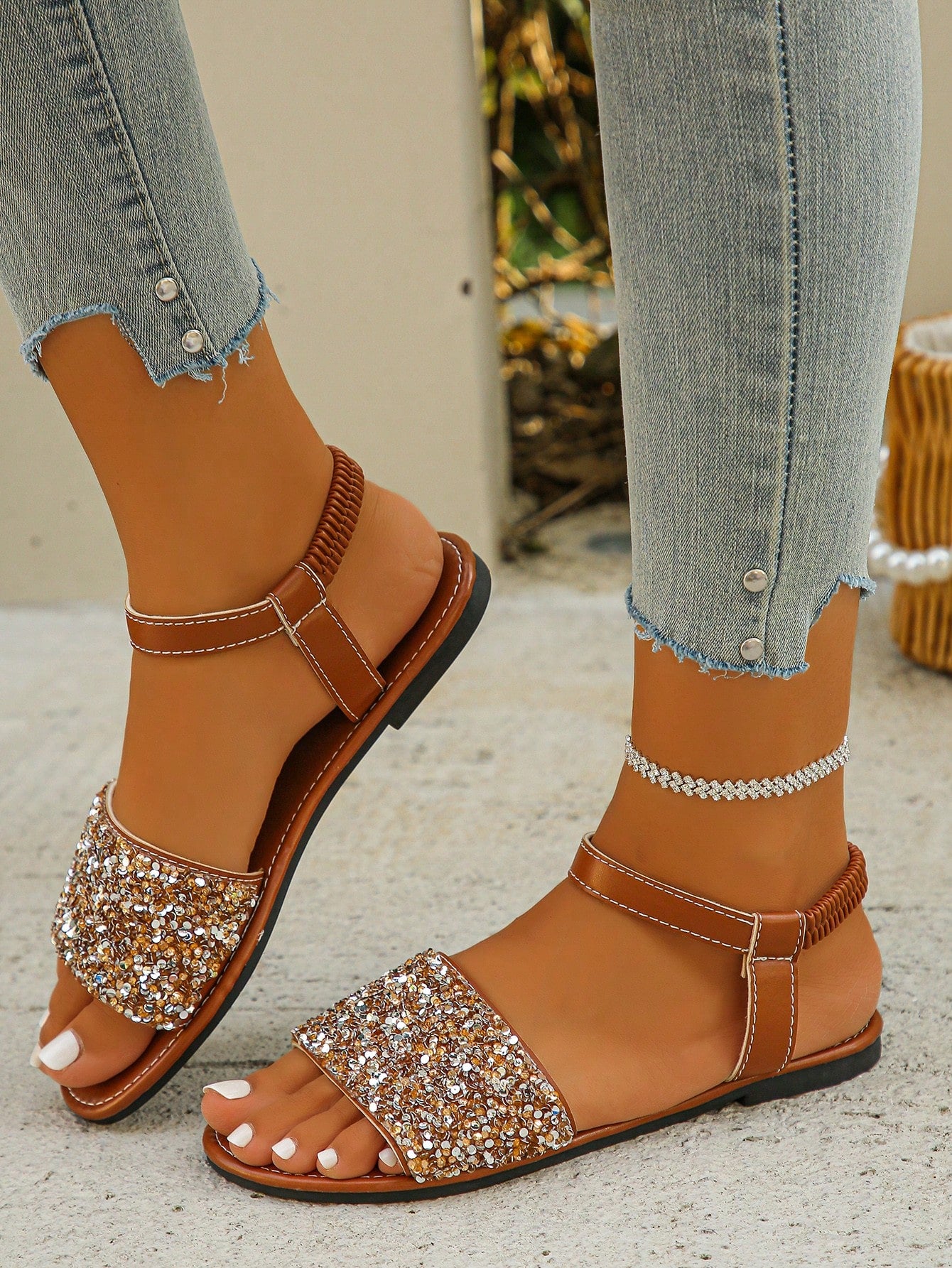 Women's Elastic Ankle Strap Low Heel Flat Sandals With Glitter Decor, Elegant And Stylish Summer New Arrival, Versatile Light Purple Sandals For Skirts