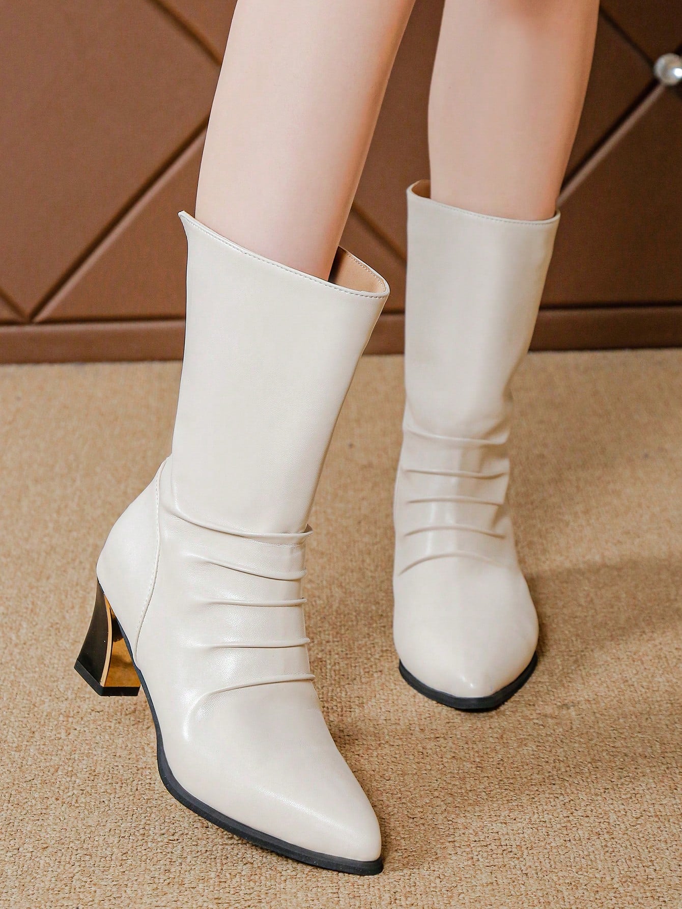 Chunky Heel Elastic Round Toe Mid-Calf Boots With Side Zipper, Women's Autumn Winter Knee High Riding Boots, Versatile Fashion