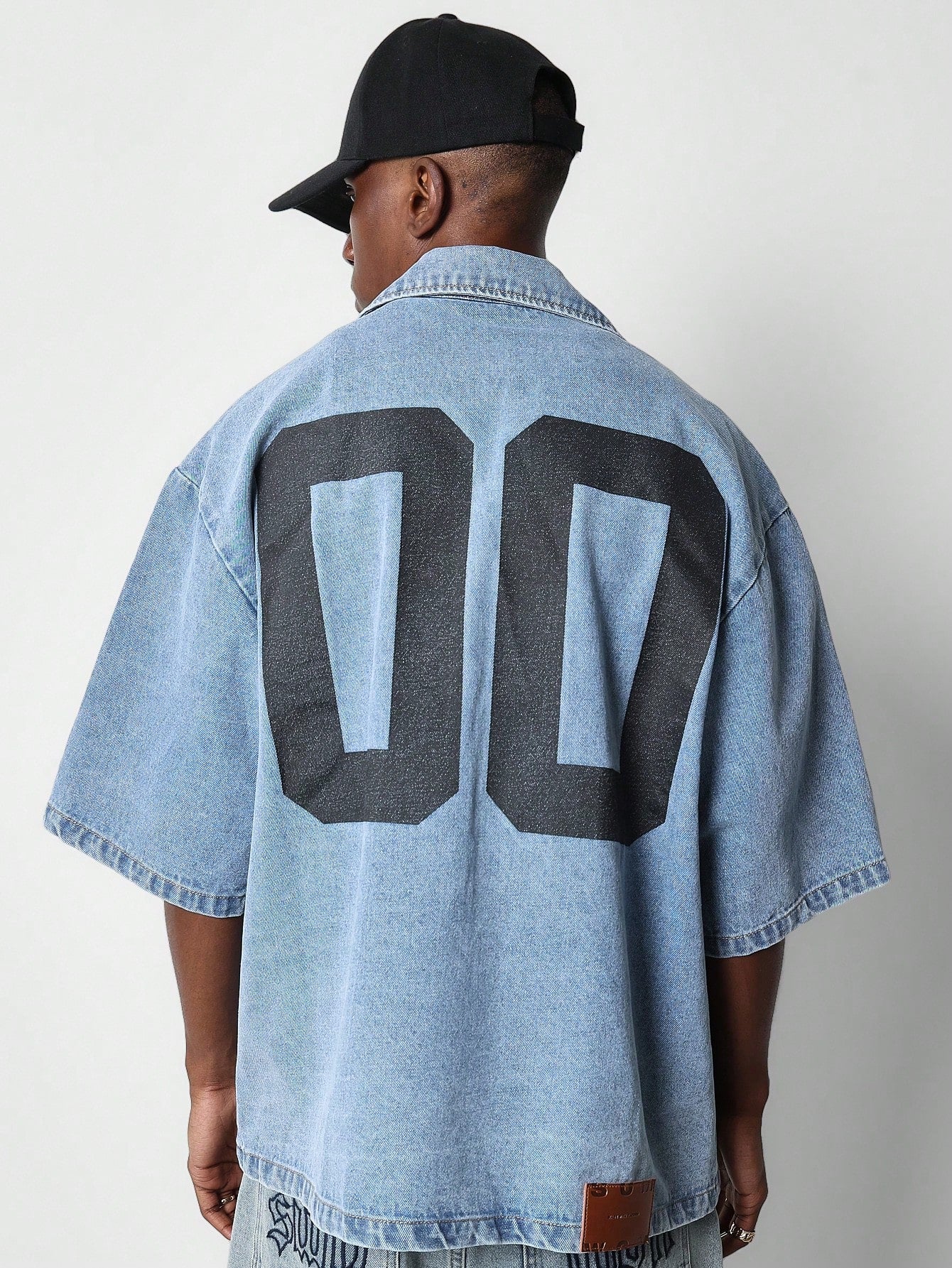 Boxy Fit Denim Shirt With Back Number Graphic Print College Ready