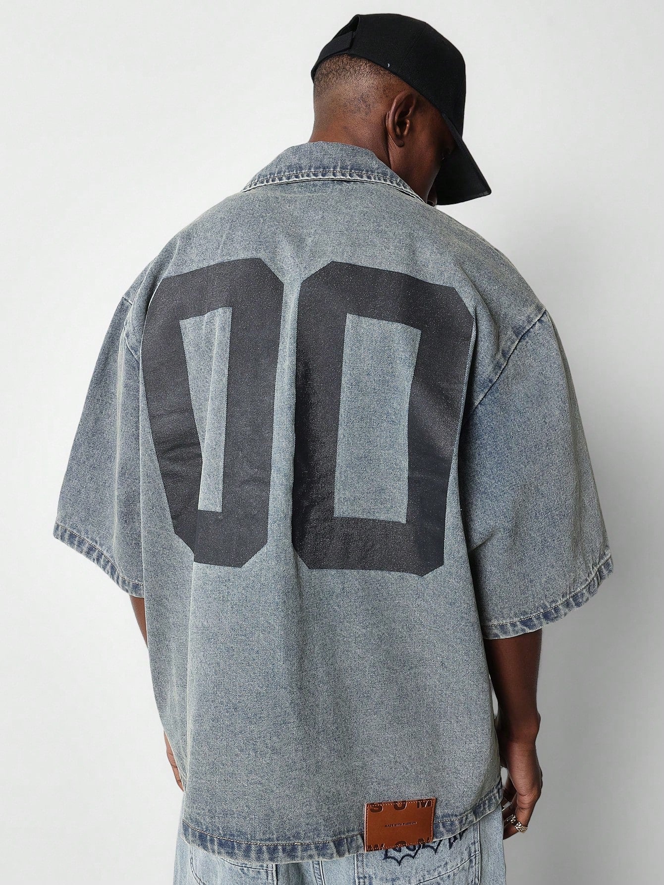 Boxy Fit Revere Collar Denim Shirt With Pocket And Back Number Graphic Print College Ready