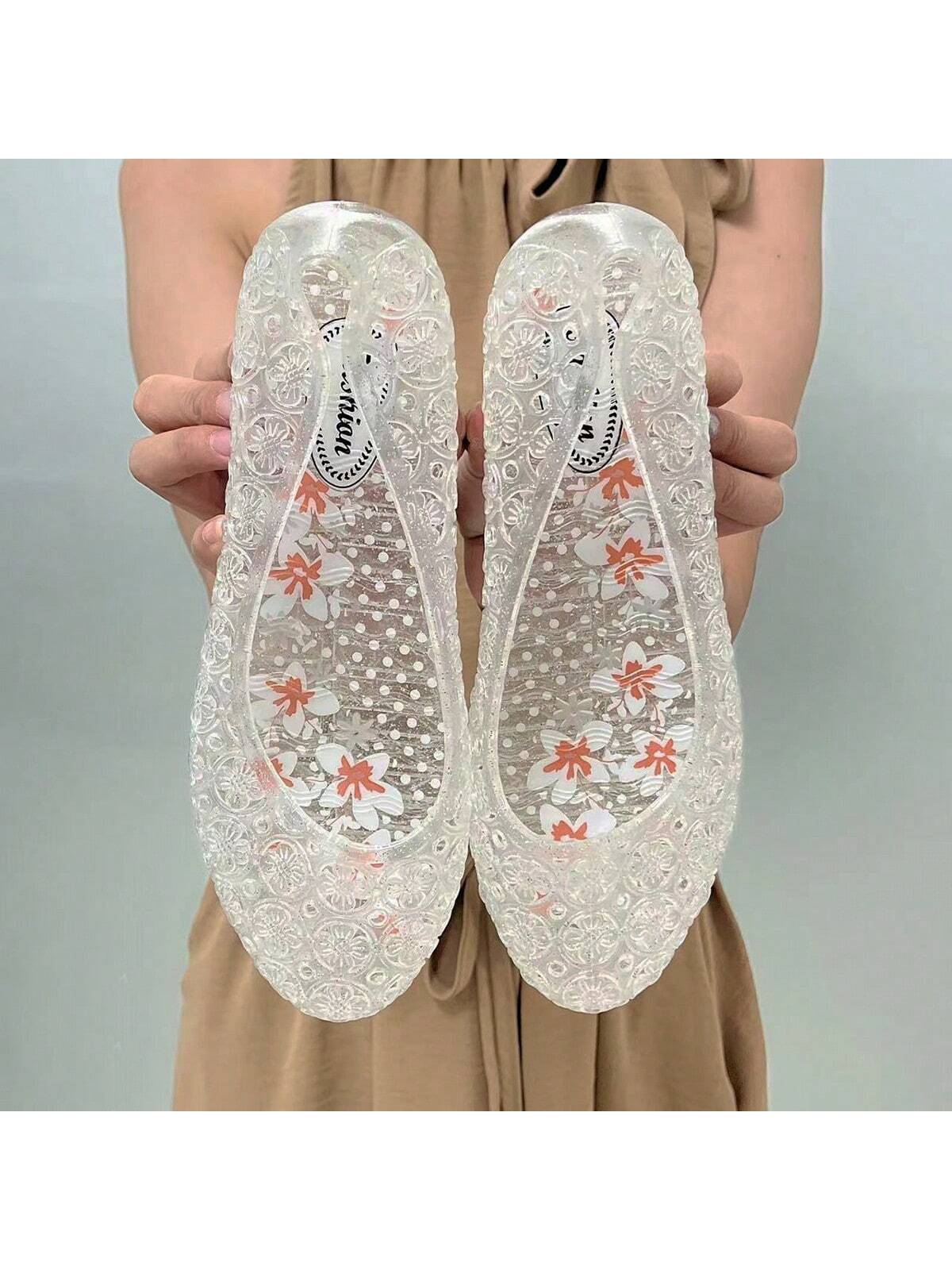 Women Low-Heel Jelly Closed Toe Sandals Wedge Anti-Slip Crystal Hollow-Out Shoes