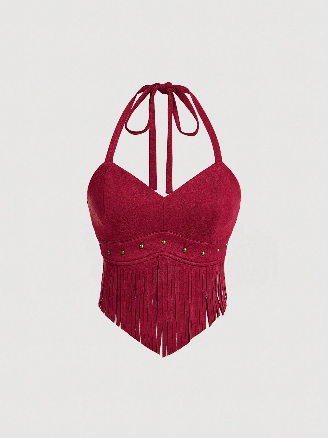Summer Vintage Suede Halter Neck Top With Tassel Fringe Decoration
