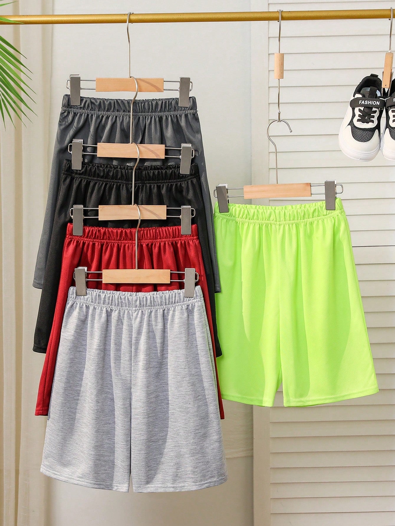 Multi-Pack Of 5 Boy's Casual Sports Loose Knitted Shorts, Solid Color Mesh Design, Assorted Colors (One Each), Set Of 5 Pieces